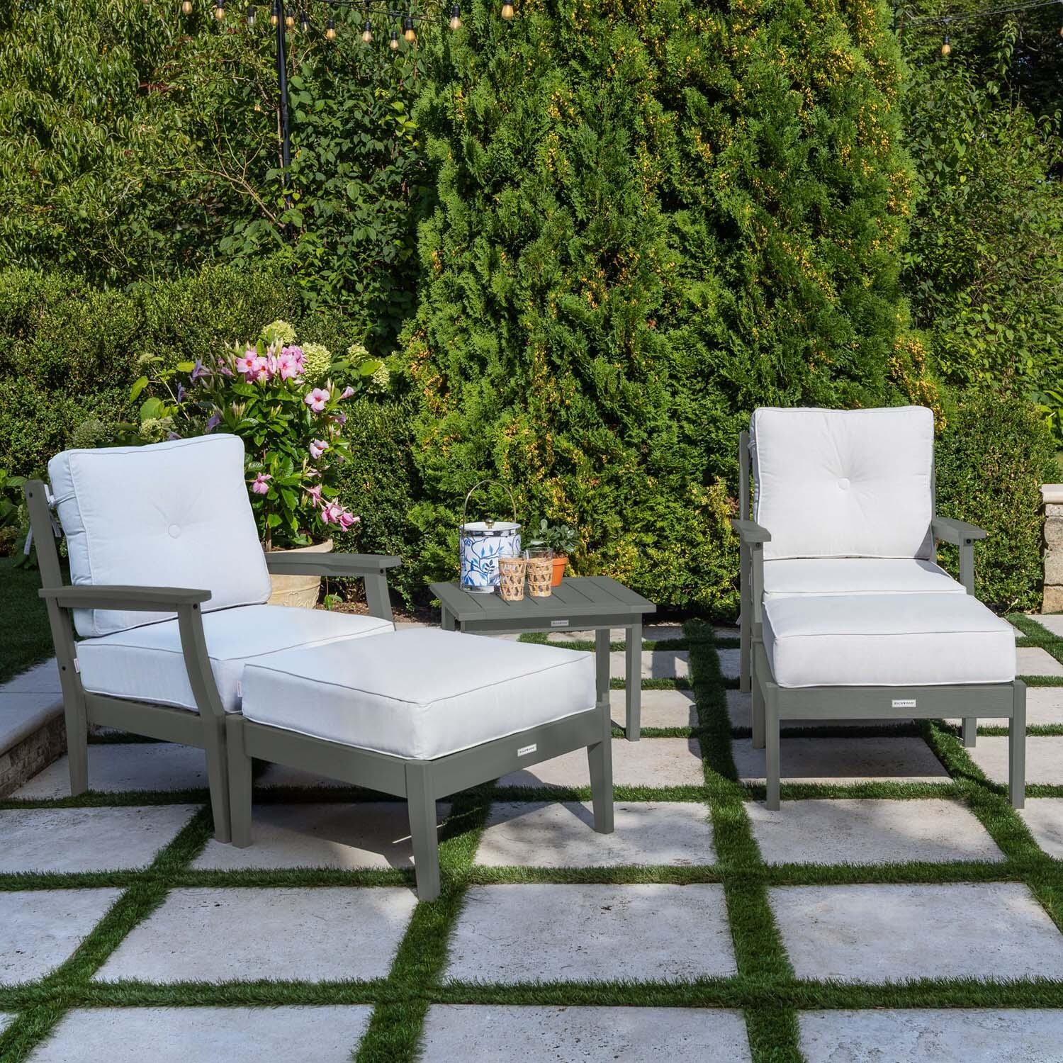Blushing Bay 5 Pc Recycled Plastic Seating Set in Bliss Linen/Coastal Teak by Lakeview Outdoor Designs - Left Angled - Lifestyle thumbnail