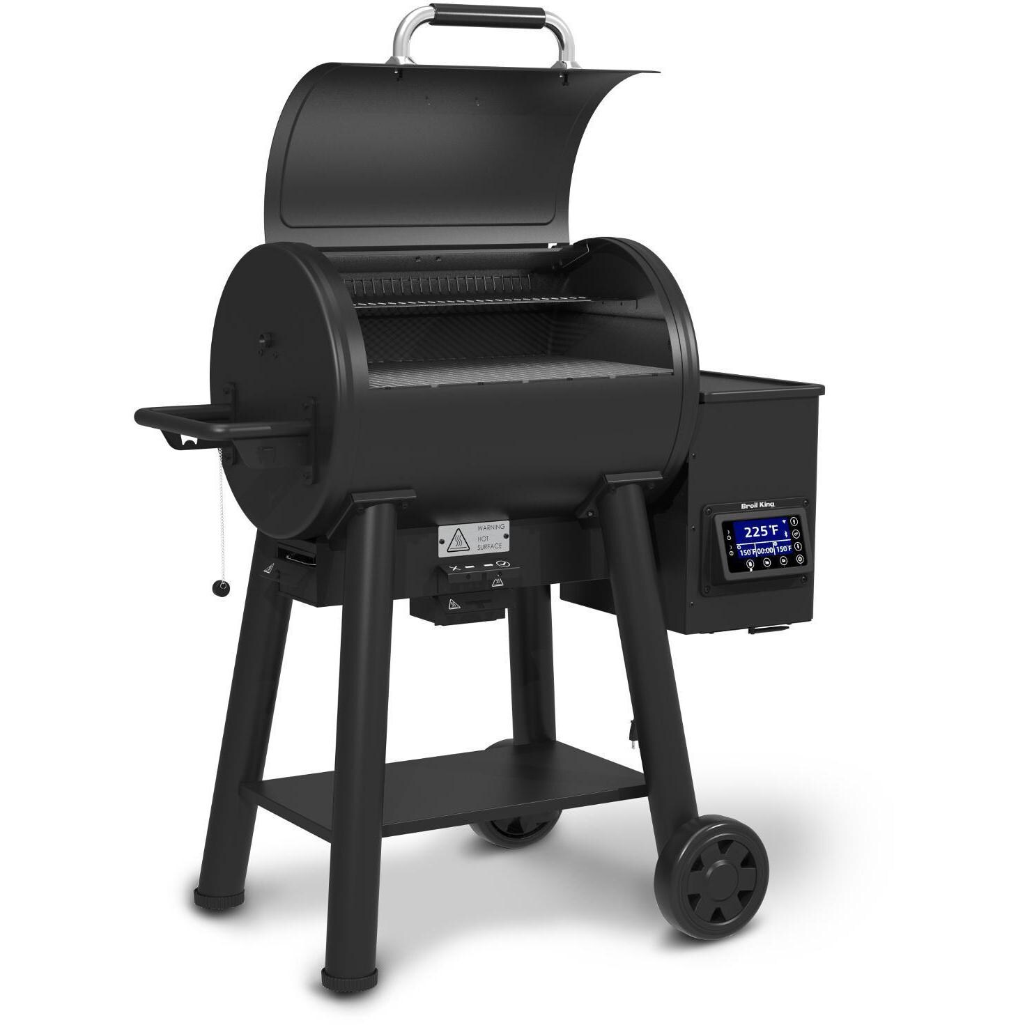 Broil King Crown 493051 400 Wi-Fi & Bluetooth Controlled 26-Inch Pellet Grill - Left Side Angle With Hood Open thumbnail