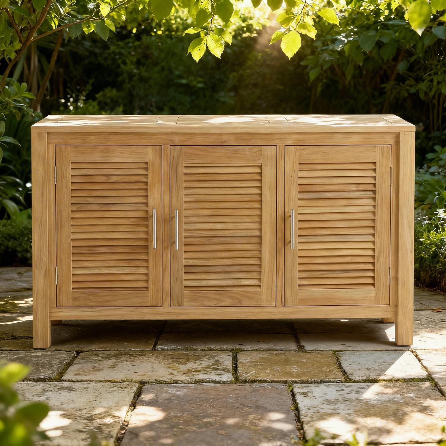 Royal Teak Collection STC Teak Storage Console Table w/ Doors in Natural Wood - On Patio - Lifestyle thumbnail
