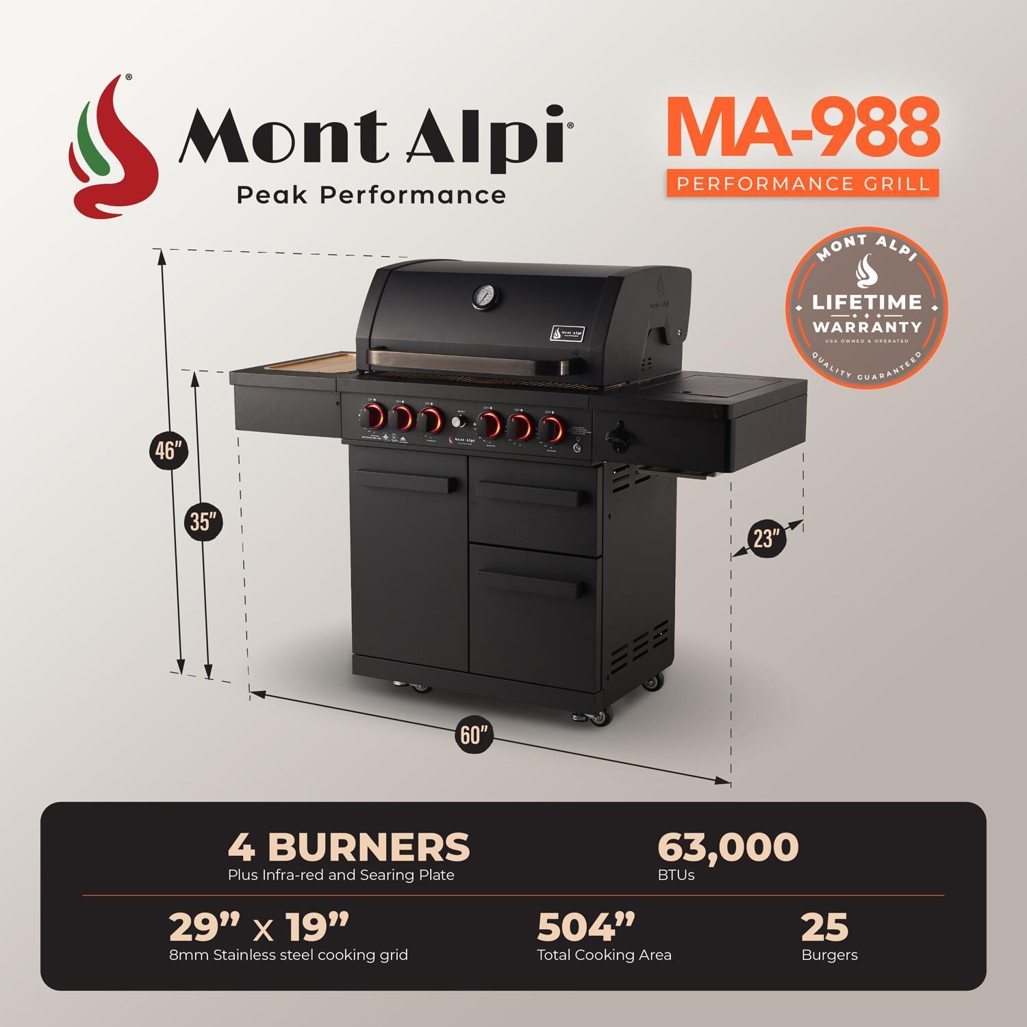 Mont Alpi MA-988 Performance Black Series 4 Burner Propane Grill - Specifications - Detail thumbnail