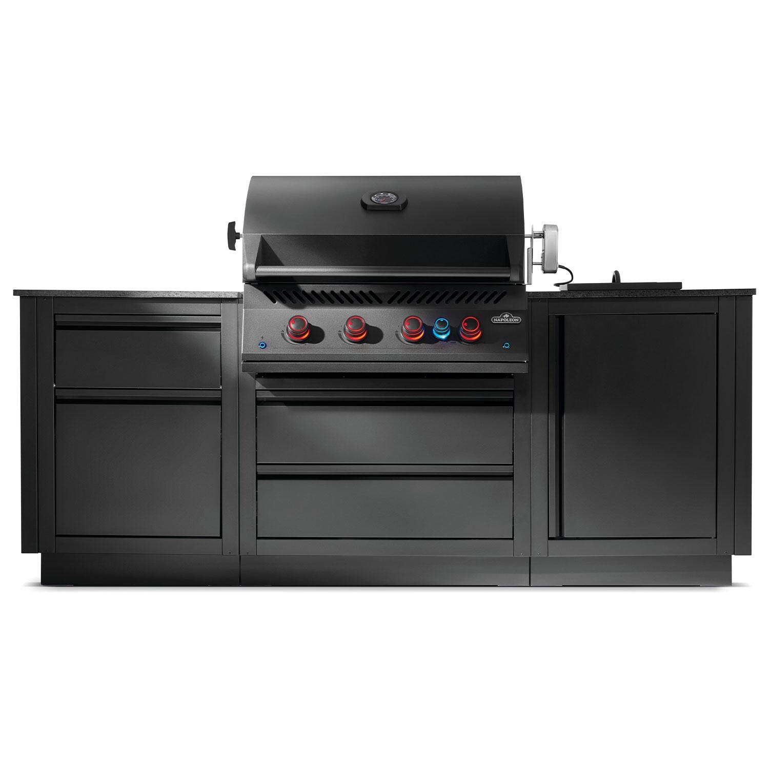Napoleon ODK301-BIG32RBNMK-1 Oasis 301 Outdoor Kitchen Island w/ Side Burner & 700 Series 32-in Natural Gas Grill Head - Red LED Infrared Burner Knobs On - Front View - White Background thumbnail