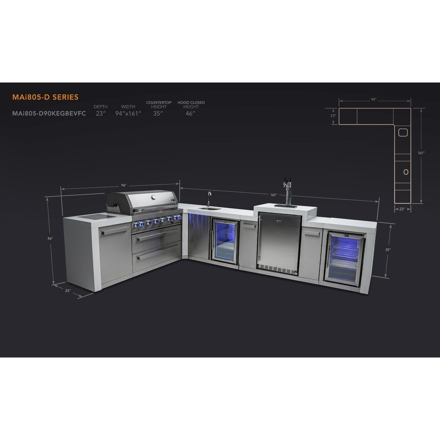 Mont Alpi MAi805-D90KEGBEVFC 805 Deluxe Propane Island W/ 90 Degree Corner, Kegerator, Beverage Center & Fridge Cabinet - Dimensional thumbnail