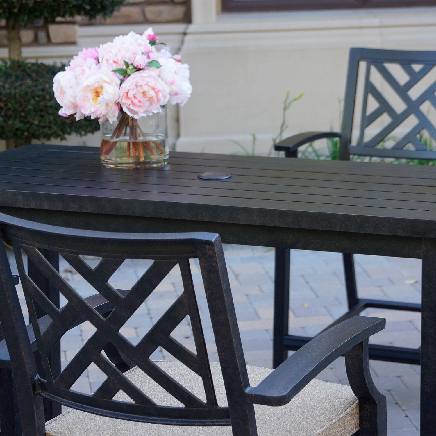 Brooklyn 5 Pc Patio Counter Height Bar Set W/ 58 X 28 Inch Rectangular Serving Table & Sesame Cushions By Darlee - Umbrella Hole - Detail thumbnail