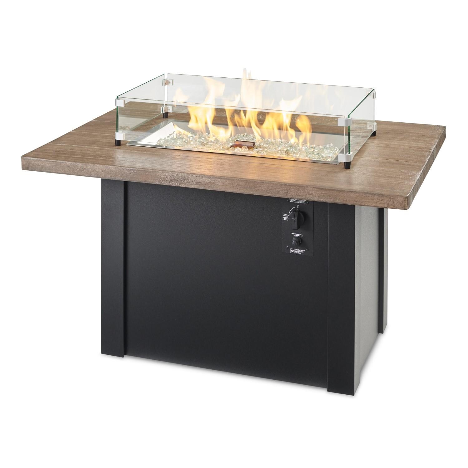 Havenwood 44 Inch Fire Pit Table W/ Driftwood Top & Black Base - Flames W/ Glass - White Background thumbnail
