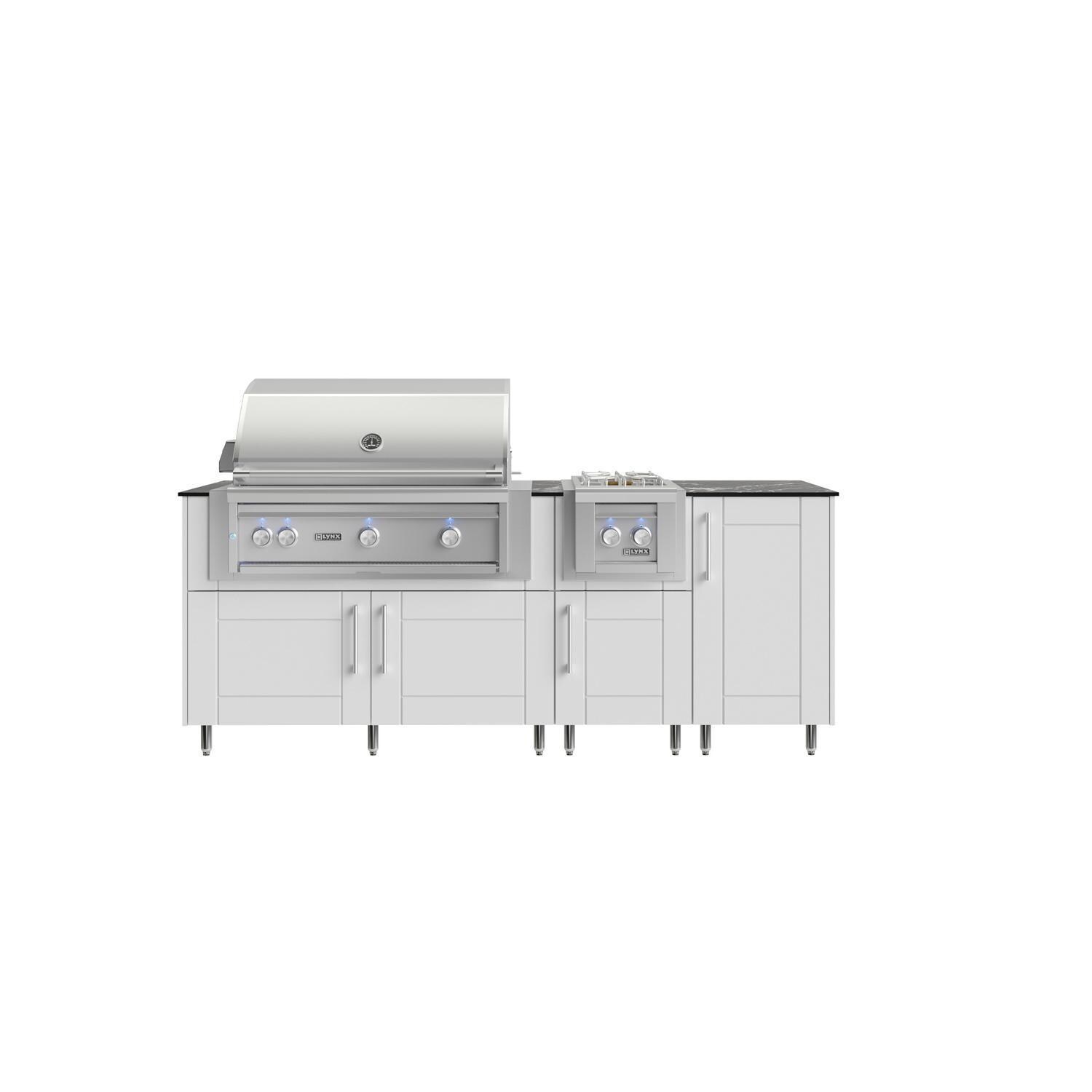 WeatherStrong Abaco 7 Ft Outdoor Kitchen Island w/ Lynx Natural Gas Grill & Side Burner in Shell White/Midnight Ice