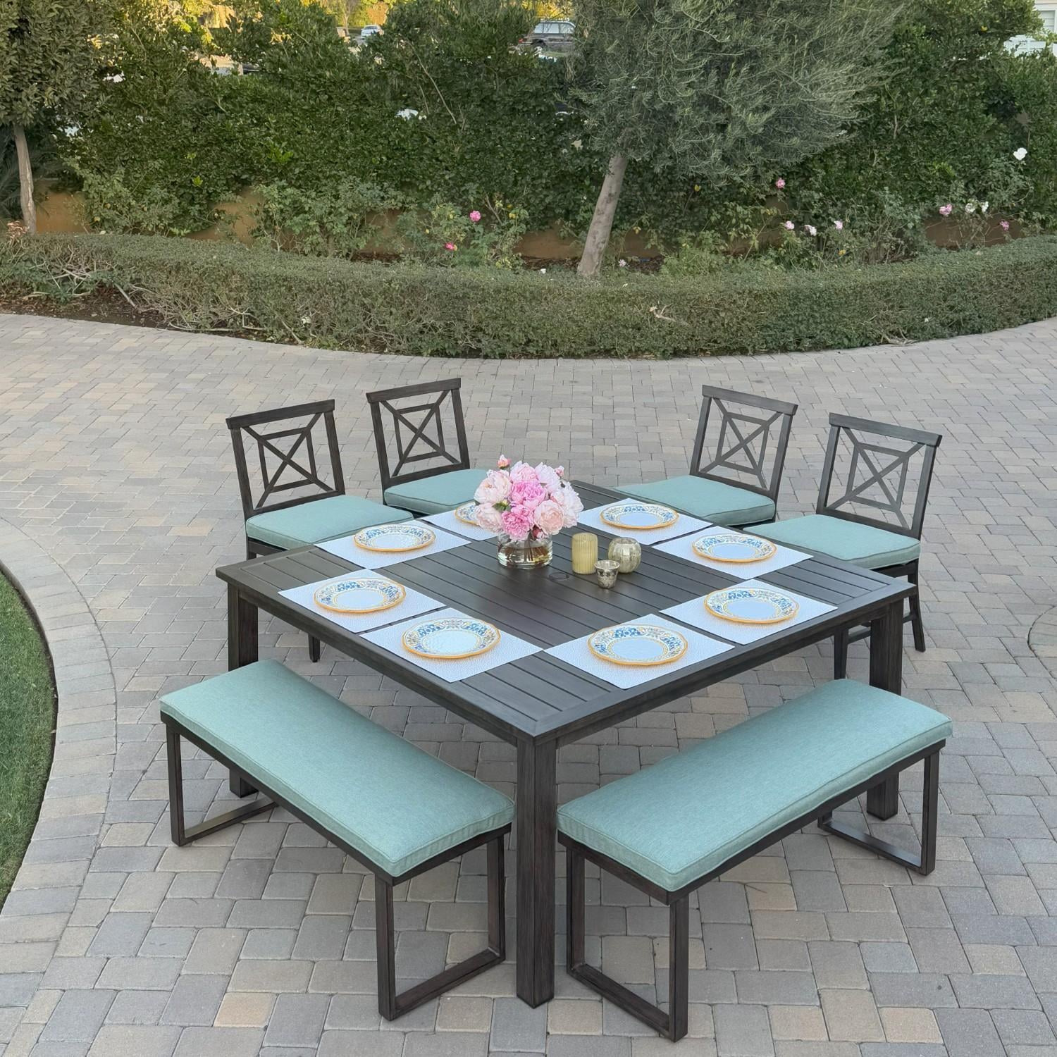 Atlantis 7 Pc Aluminum Dining Set w/ 4 Dining Side Chairs & 2 Two Person Benches in Walnut/Spa by Darlee - Hero - Lifestyle thumbnail