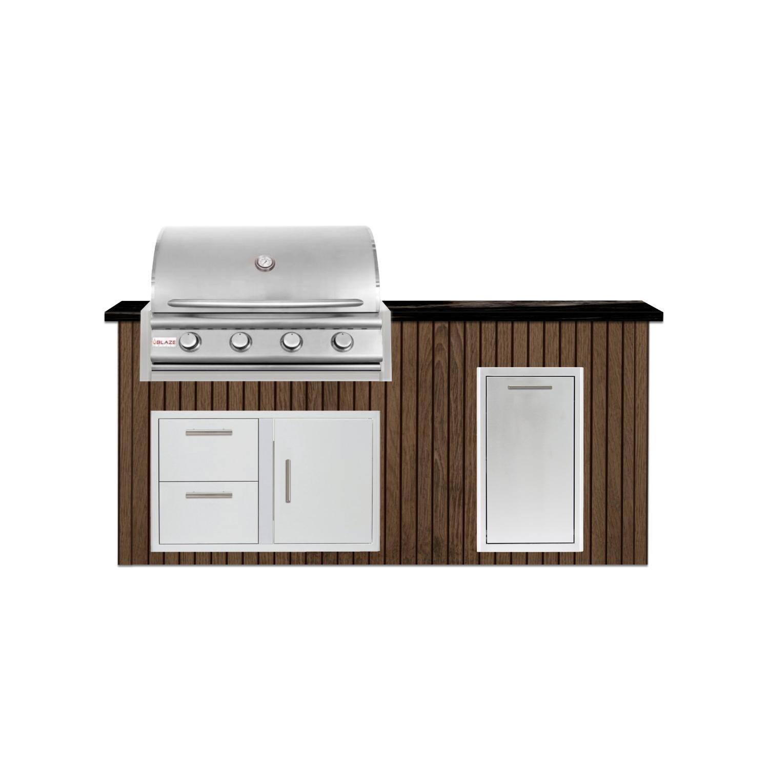 BBQGuys Signature 6 Ft Outdoor Kitchen Island w/ 32-in Blaze LBM Propane Grill & Narrow Trash Bin | Toffee w/ Nero Mist Granite - Island - White Background thumbnail
