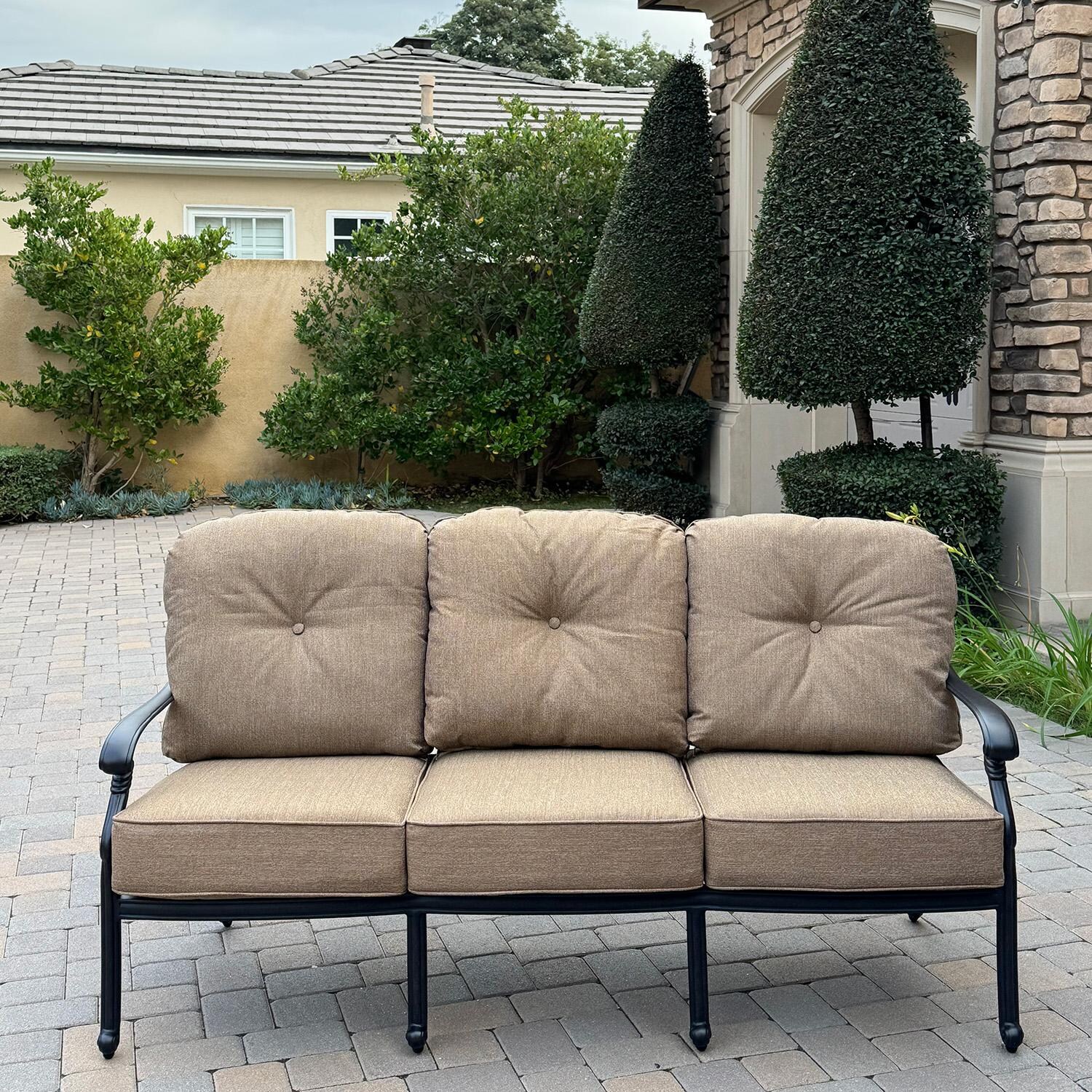 Darlee Santa Monica 3 Person Cast Aluminum Sofa in Antique Bronze/Sesame - On Patio Front - Lifestyle thumbnail