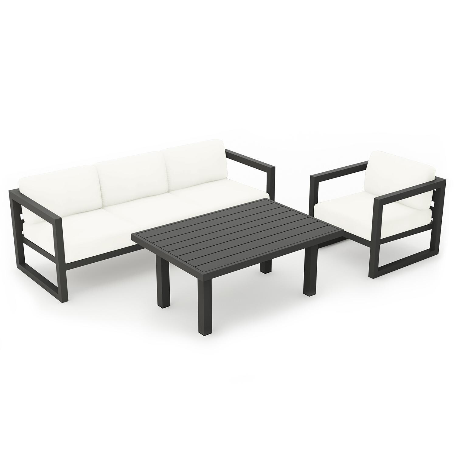 Misty Cove 3 Piece Seating Set in Slate w/Chat Table & Canvas Natural Cushions by Lakeview - Top Angle View - White Background thumbnail