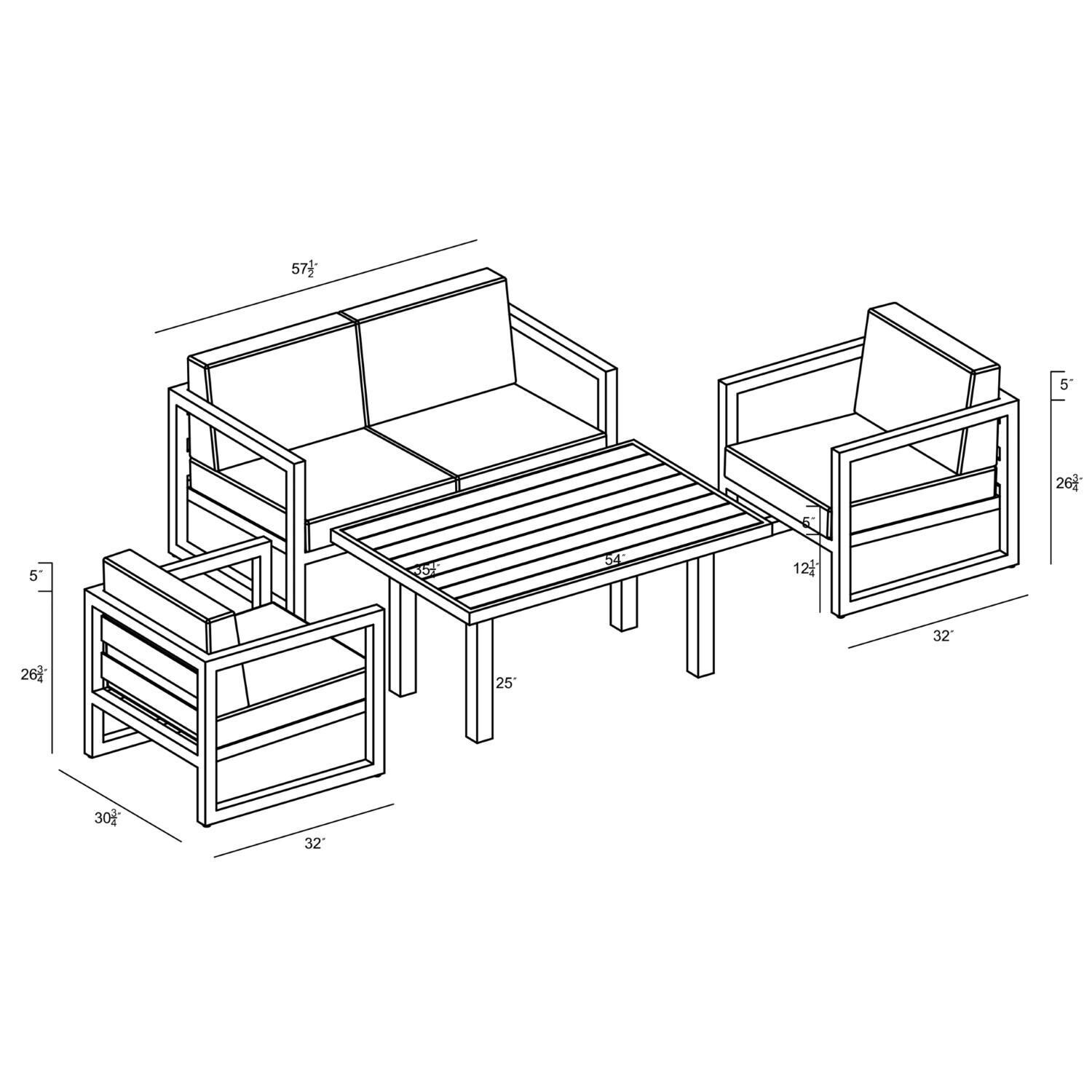 Lakeview MSTYCV-SL-SET114-IN Misty Cove 4 Pc Aluminum Seating Set in Slate w/Chat Table & Spectrum Indigo Cushions by Lakeview Outdoor Designs - 3D Dimensions - Dimensional thumbnail