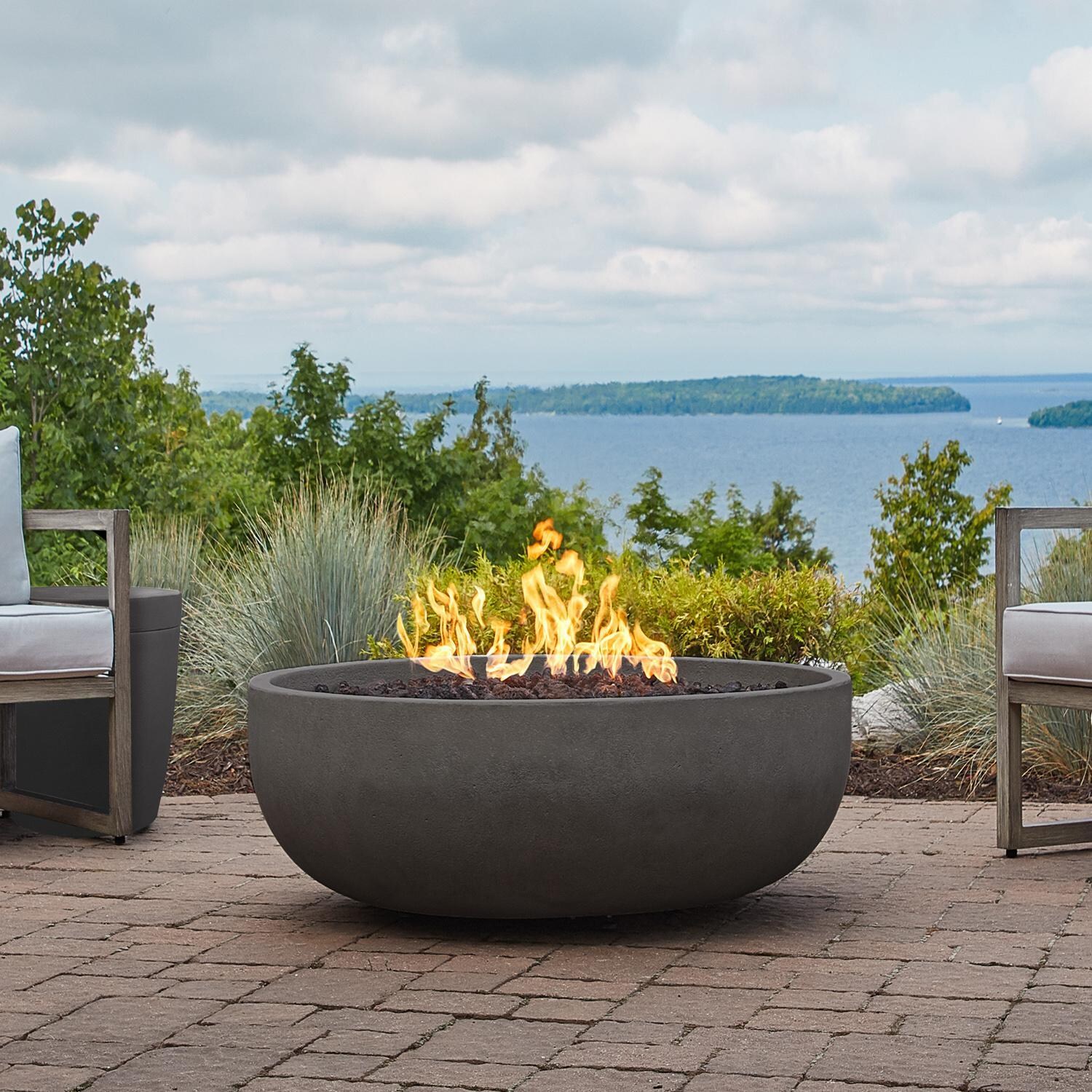Grand Lake 38 Inch Round Concrete Propane Fire Bowl in Gray by BBQGuys Signature