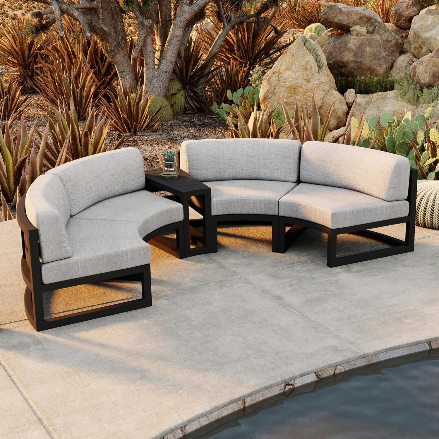 Lakeview MSTYCV-BK-3CSEC-CS Misty Cove 3 Pc Aluminum Curve Sectional Set in Black w/Wedge End Table & Cast Silver Cushions by Lakeview Outdoor Designs - Set From Above - Lifestyle thumbnail