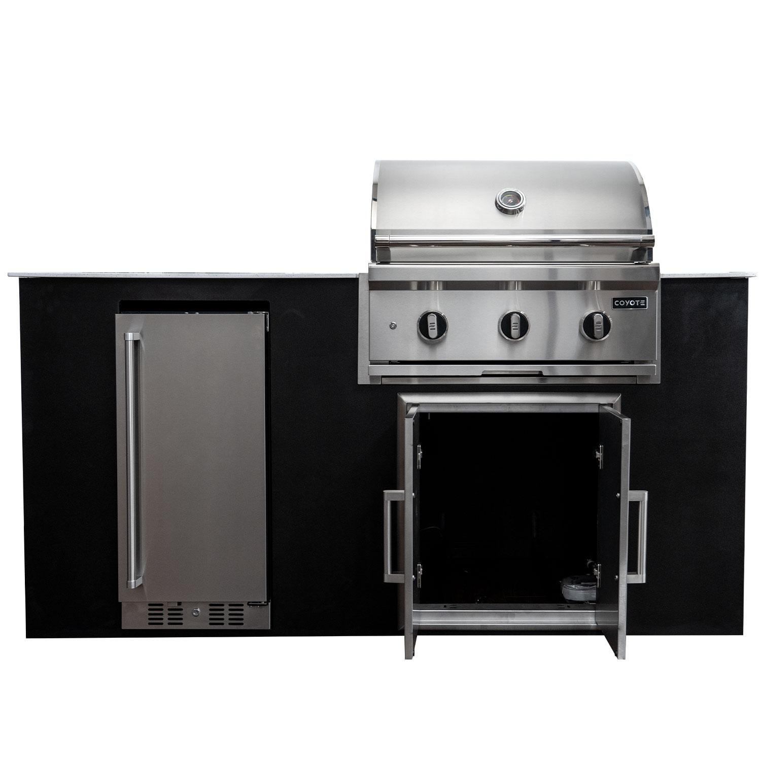 Coyote Key 6 Ft Outdoor Kitchen Island w/ SL-Series 30-in 2-Burner Built-In Natural Gas Grill, Insulated Jacket, Refrigerator & Access Door - Access Door Installed - Open - White Background thumbnail