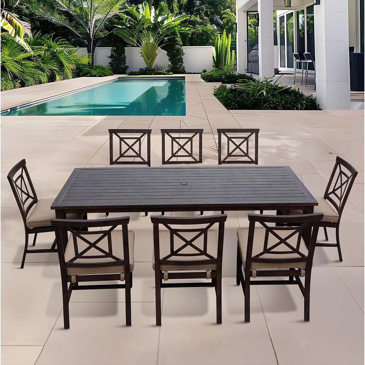 Atlantis 88 Inch Walnut Aluminum Dining Table By Darlee - Shown w/ Set - Lifestyle thumbnail