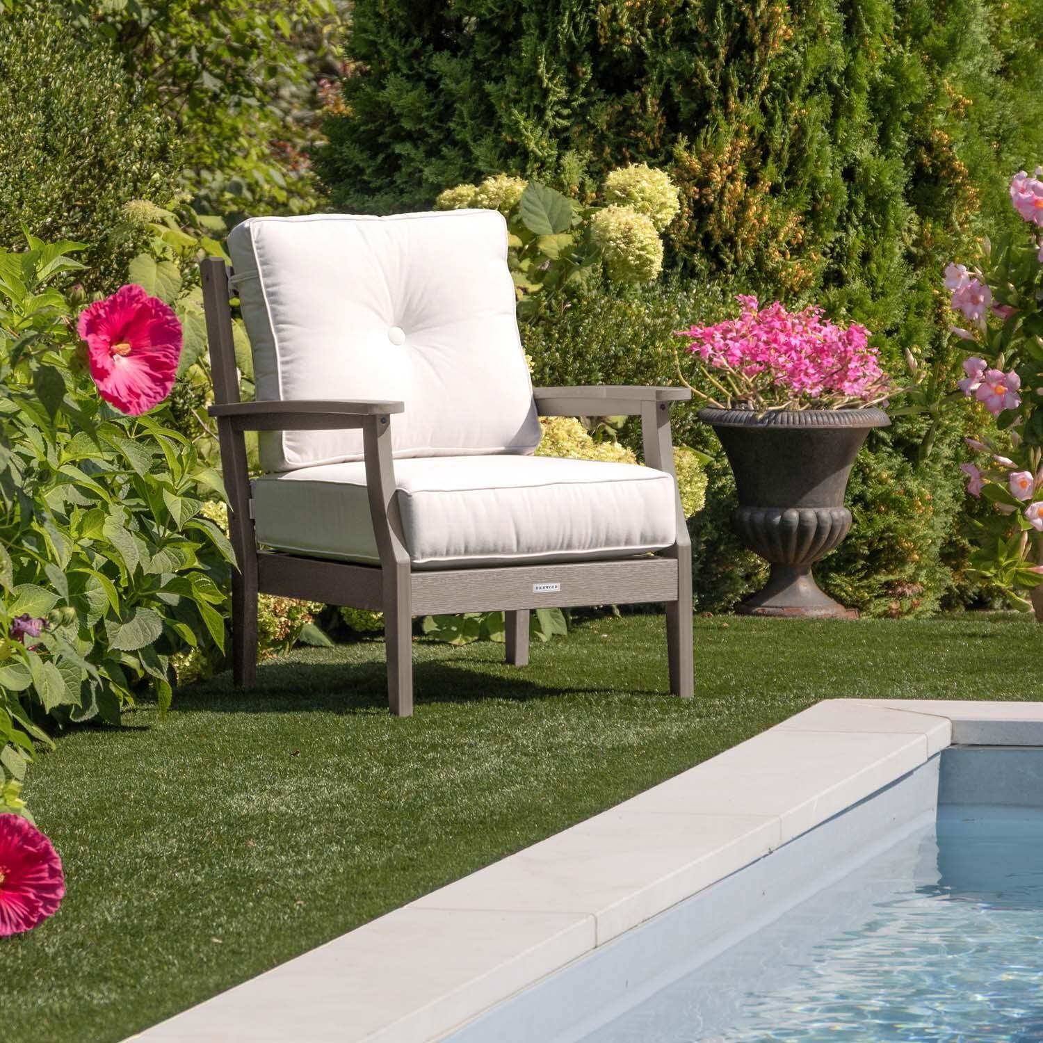 Blushing Bay Recycled Plastic Club Chair in Bliss Linen/Woodland Brown by Lakeview Outdoor Designs - In Garden - Lifestyle thumbnail