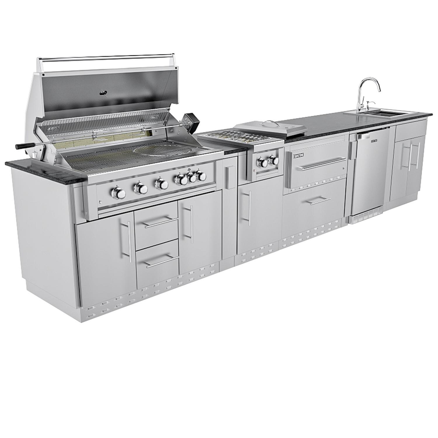 Sunstone Grills SCPFRENCHQUARTER13.7-NG French Quarter 13 1/2 Ft Outdoor Kitchen Island w/ Natural Gas Grill & Sink, Refrigerator, Door & Drawer - Angle - White Background thumbnail
