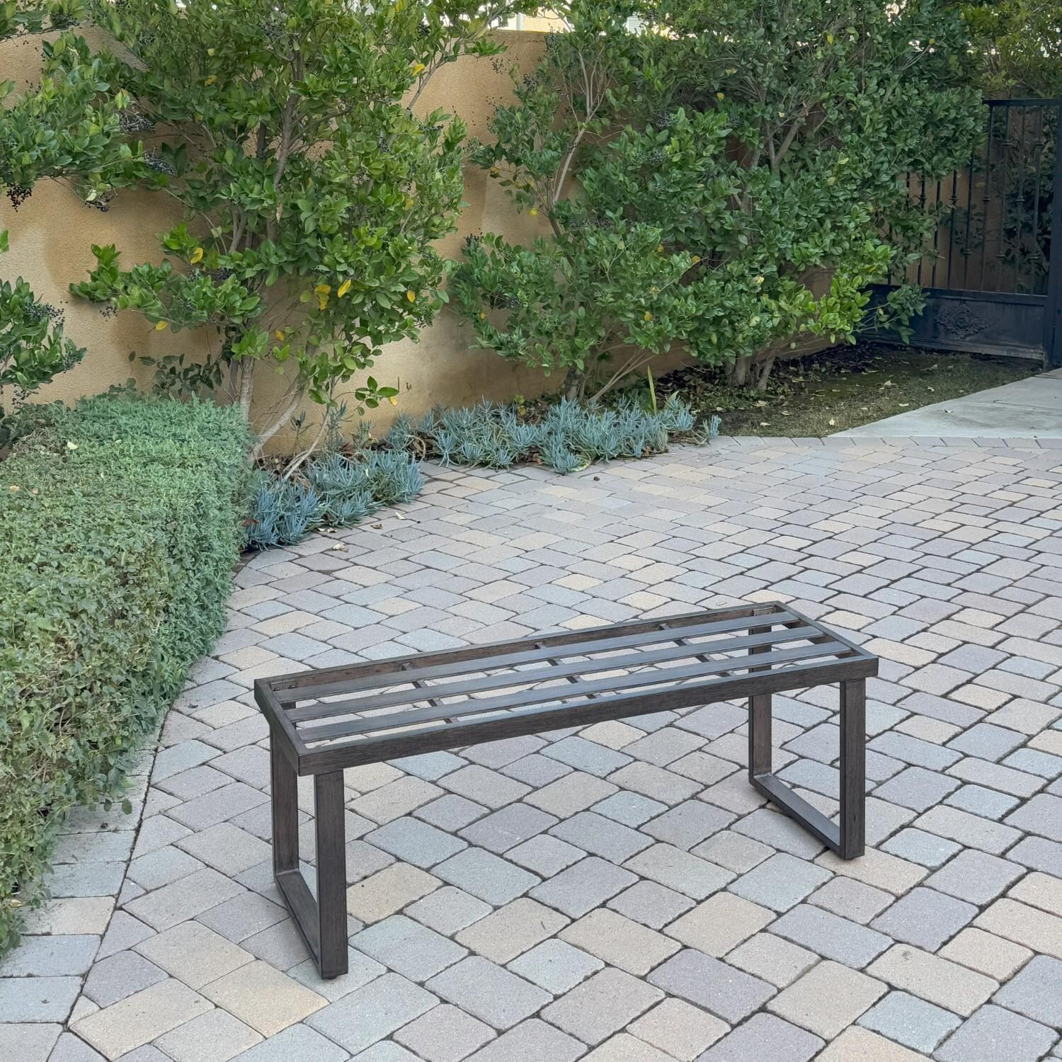 Atlantis 3 Pc Aluminum Dining Set w/ 2 Two Person Benches in Walnut/Spa by Darlee - Bench w/o Cushion - Lifestyle thumbnail