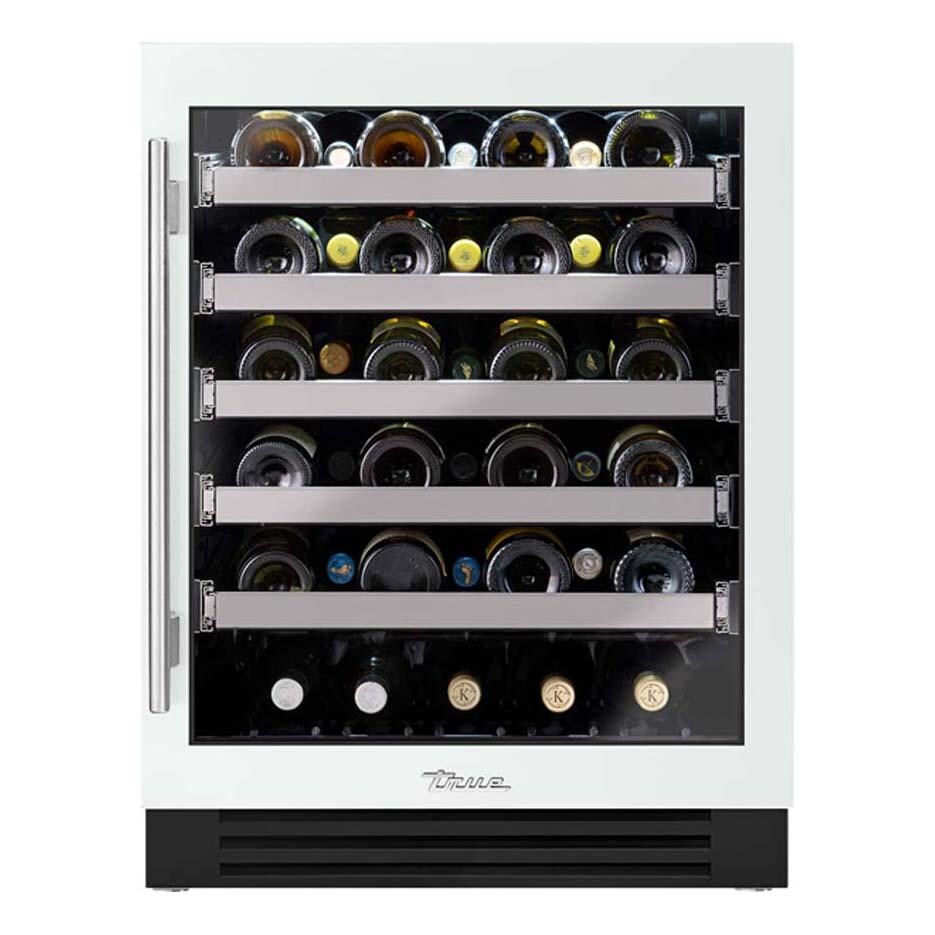 True TUWADA-24-RG-A~030-H04 ADA Height 24 Inch 40 Bottle Right Hinge Glass Door Outdoor Wine Cabinet - Matte White w/ Stainless Steel Handle - White Background thumbnail