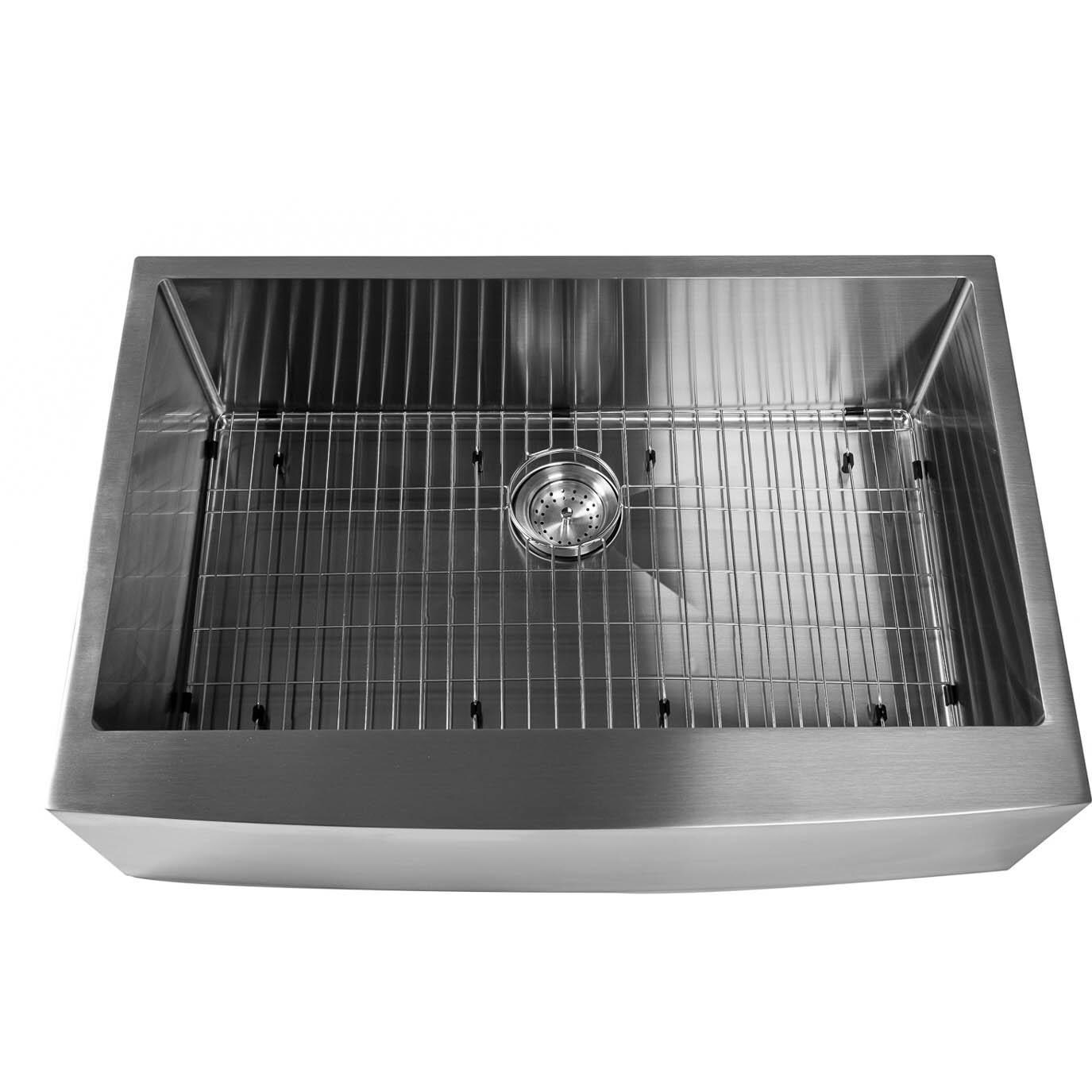 BBQGuys Signature BBQ-AP3322S-RD 33 X 22 Outdoor Rated Stainless Steel Farmhouse Curved Apron-Front Single Basin Sink W/ Strainer & Grid thumbnail