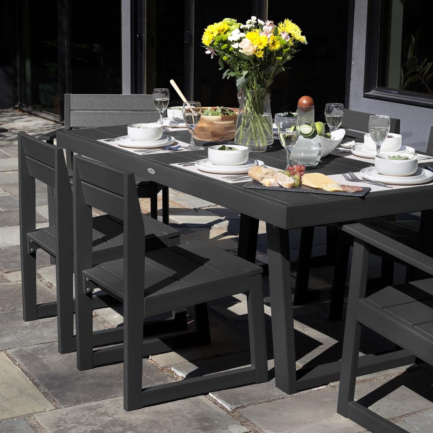 Hazel Cove 7 Pc Recycled Plastic Dining Set in Black Sand by Lakeview Outdoor Designs - Close Up - Lifestyle thumbnail
