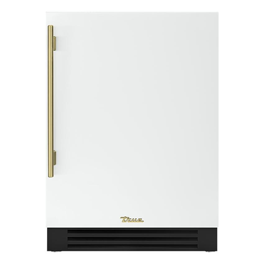 True TUR-24-R-OP-C~DSK-030-H01 24 Inch 5.6 Cu. Ft. Right Hinge Outdoor Refrigerator in Matte White w/ Brass Handles - White Background thumbnail