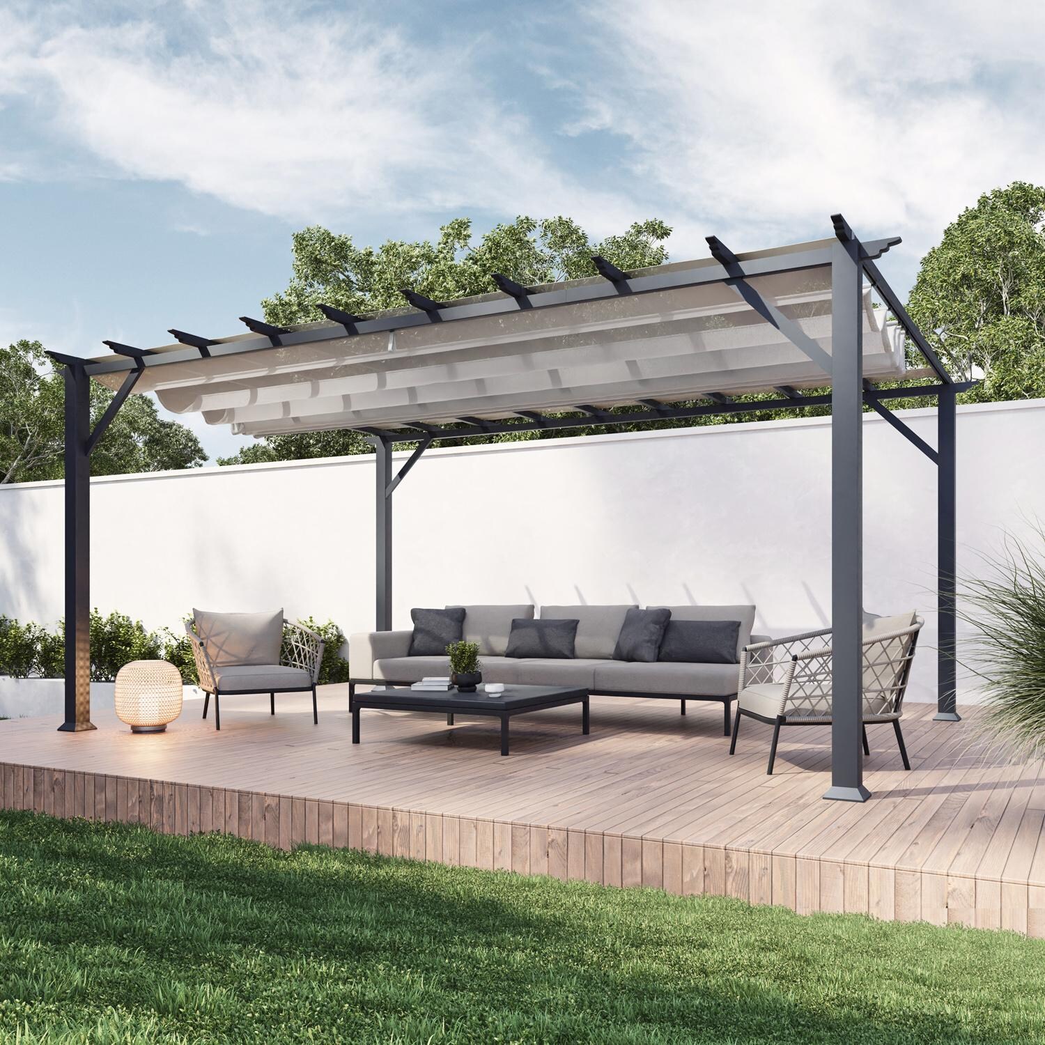 Paragon Outdoor PR16GRYG Florence 11' x 16' Gray Pergola w/ Gray Canopy - On Patio - Lifestyle thumbnail