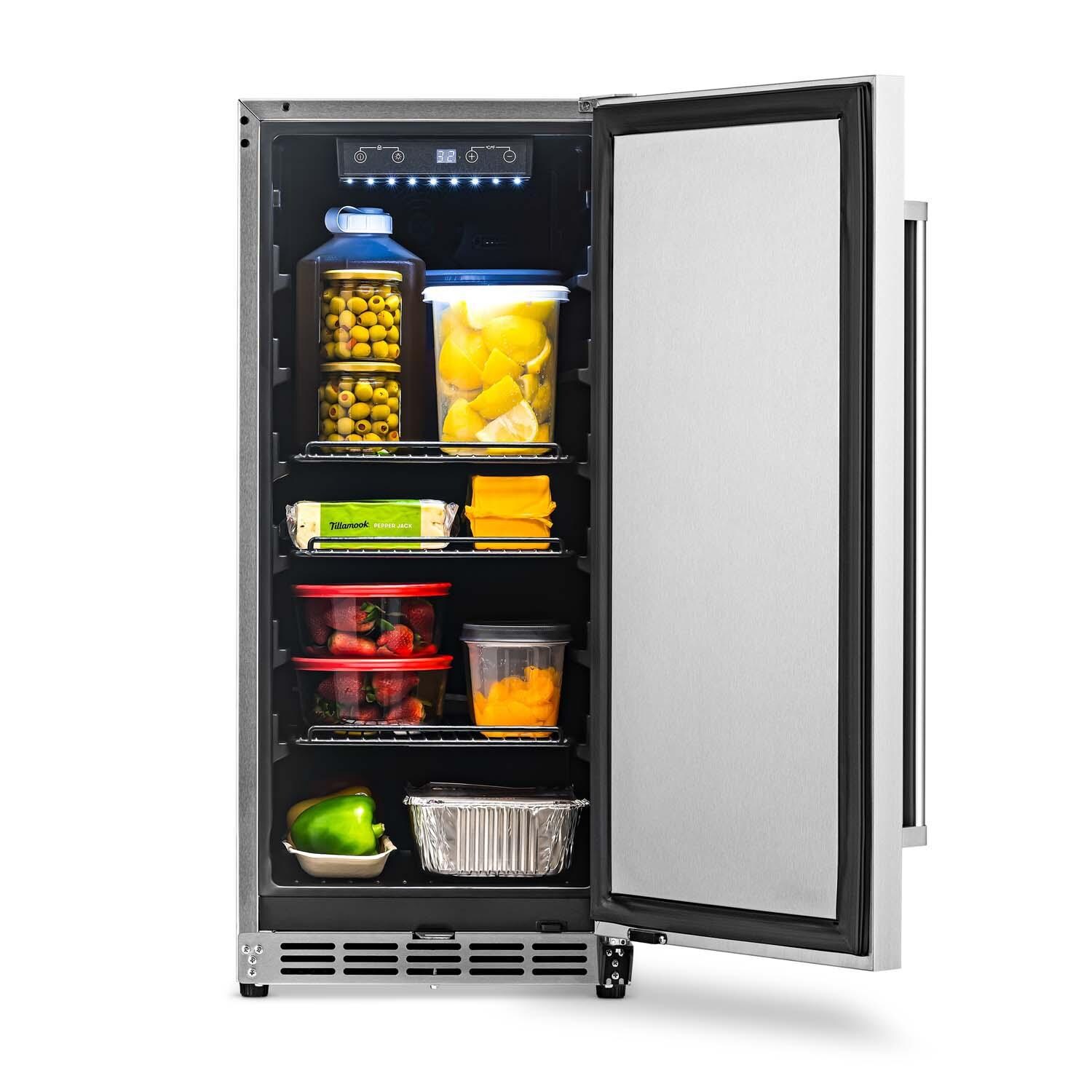 NewAir NCR032SS00 15 Inch 90 Can Right Hinge Commercial Built-in Outdoor Beverage Cooler - Stainless Steel - Door Open w/ Food Front View - White Background thumbnail