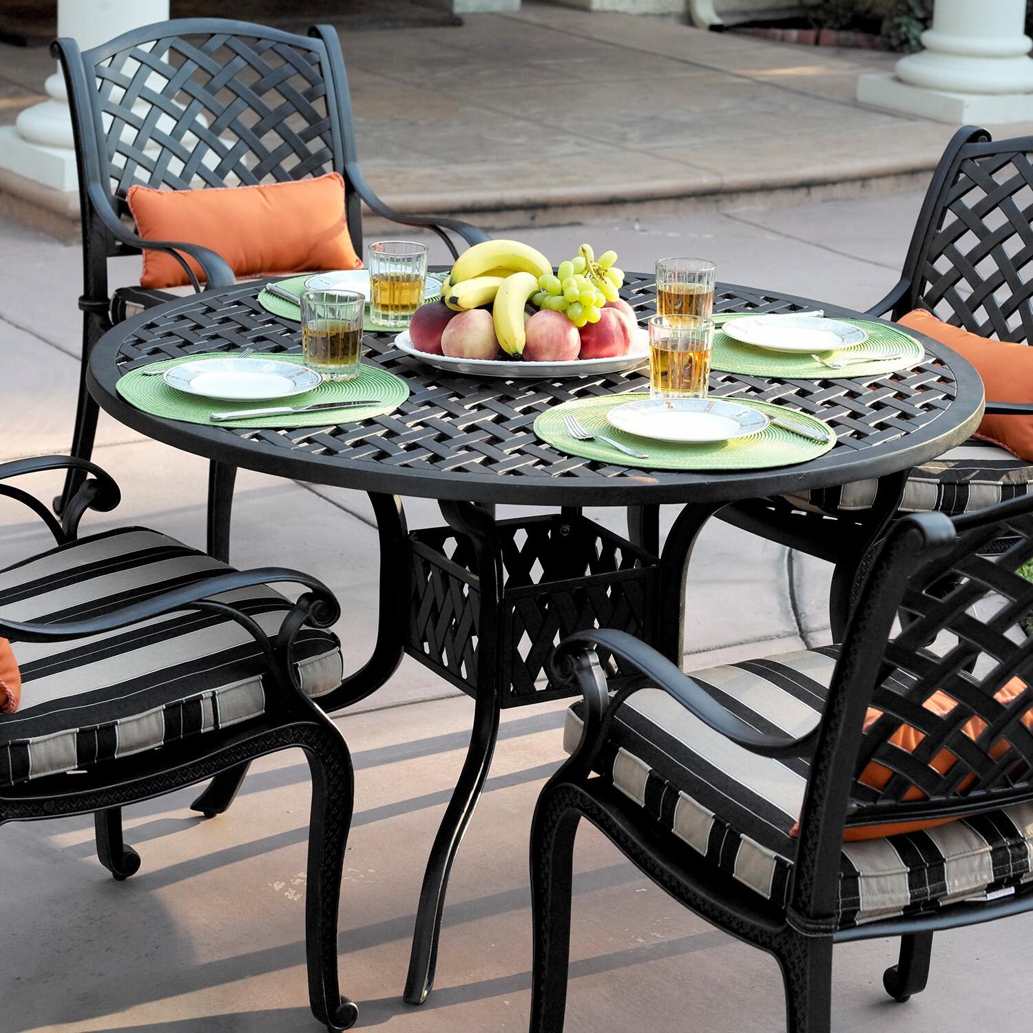 Darlee Series 30 48 Inch Cast Aluminum Dining Table - On Patio w/ Chairs & Place Settings - Lifestyle thumbnail