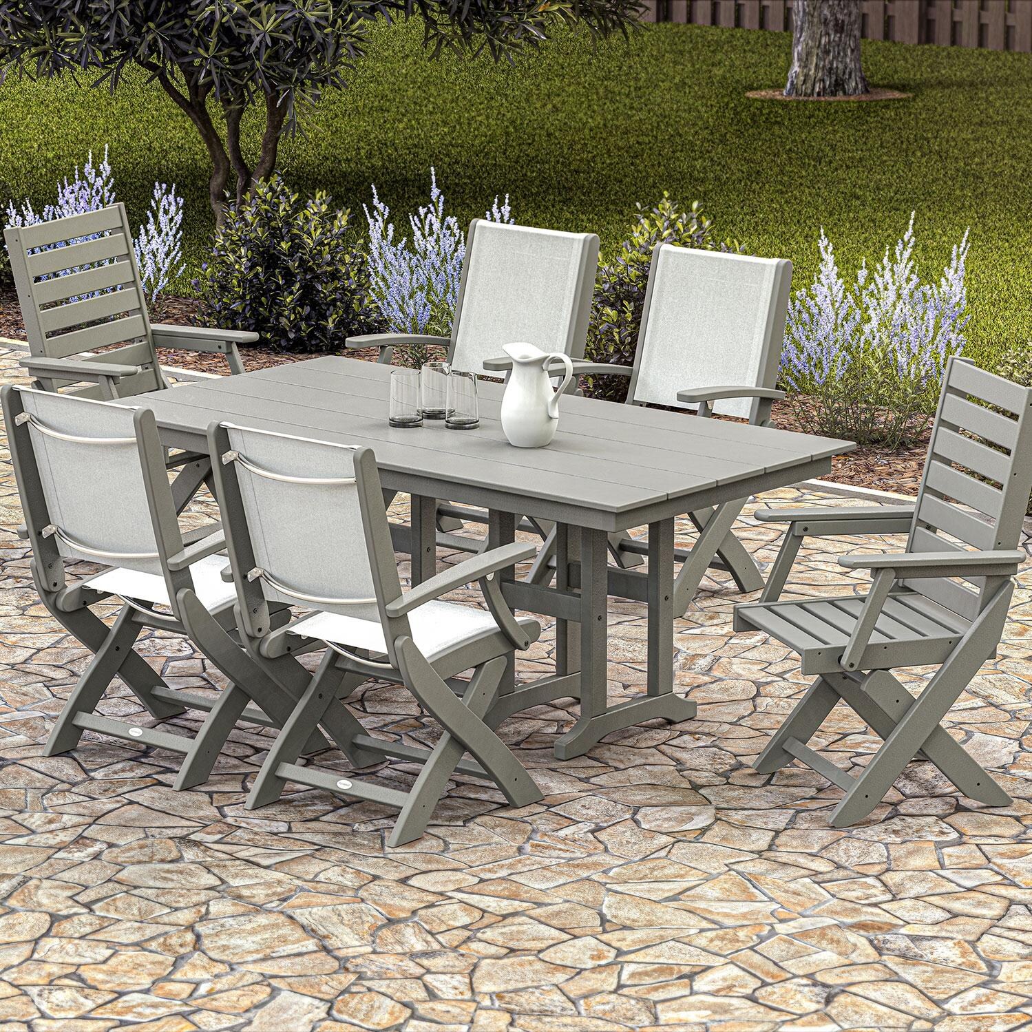 POLYWOOD PWS2533-1-GY915 Creekside Polywood 7-Piece Farmhouse Dining Set Onyx Sling Chairs in Slate Grey - Shown in Black w/ Parchment Sling - Lifestyle thumbnail