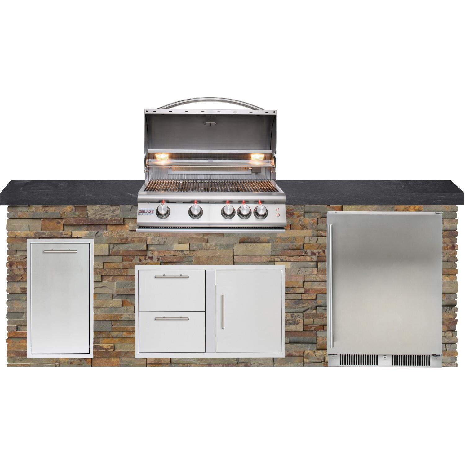 BBQGuys Signature 8ft Luxury Outdoor Island W/ Blaze Premium LTE 32-Inch Natural Gas Grill & Outdoor Rated Refrigerator - Gold Rush Stone W/ Black Polished Granite