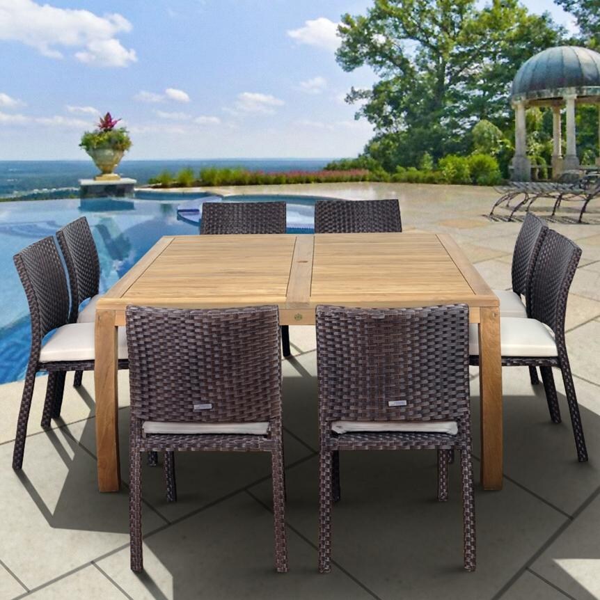 Amazonia Teak Georgia 8-Person Resin Wicker Patio Dining Set With Teak Table And Stacking Chairs - Dark Brown thumbnail