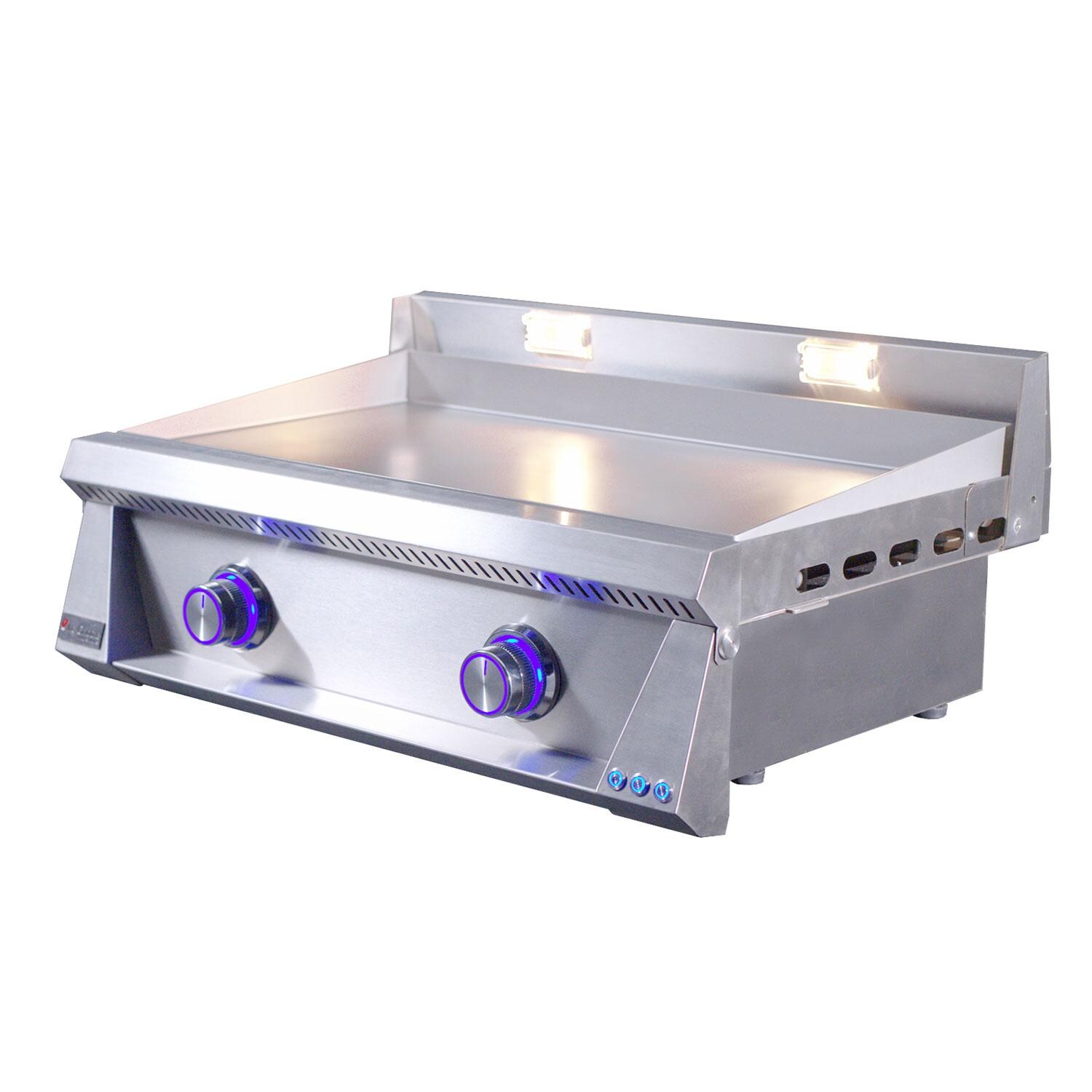 Le Griddle OML75P3 LP Pro Series 75 2 Burner Built-In Propane Flat Top Grill w/ 3mm Plate - Red LED Knobs Indicates Control Valve ON - Side View - White Background thumbnail