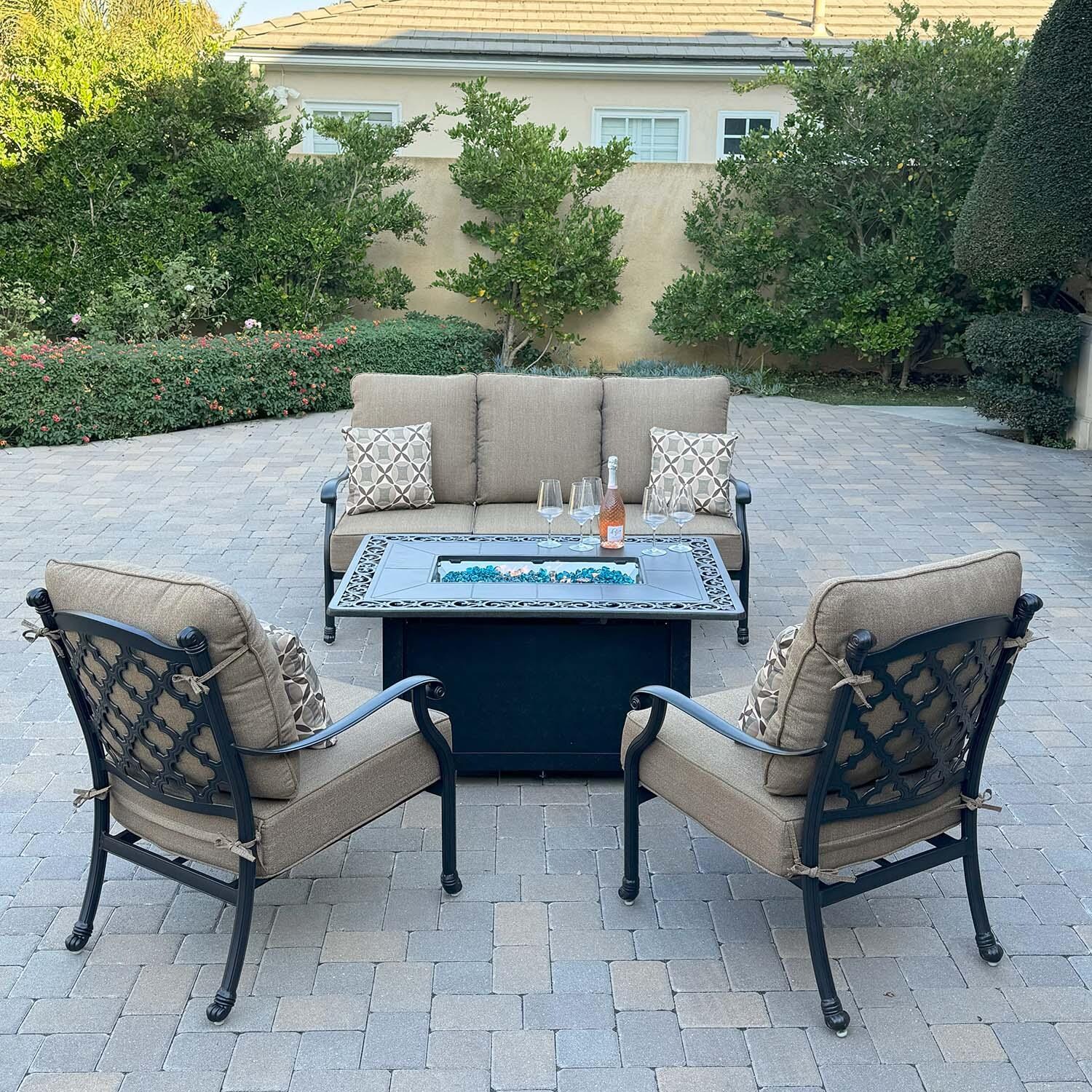 Madison 4 Pc Cast Aluminum Fire Pit Seating Set in Antique Bronze/Sesame by Darlee - Lifestyle thumbnail
