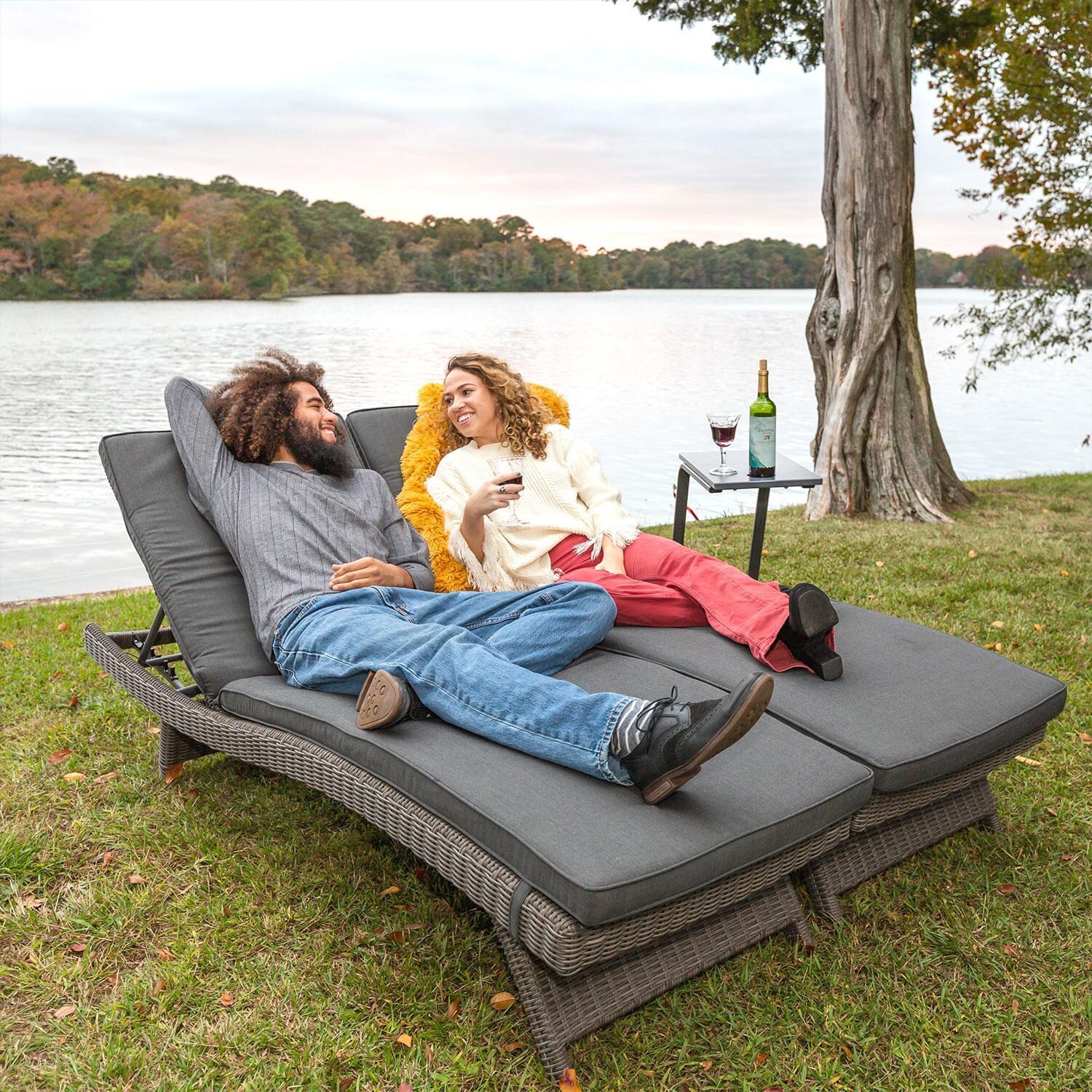 Palma Wicker Multi-Position Chaise Lounge in Canvas Coal By KETTLER - Relaxing on Double Chaise Lounge (Only One Included) - Lifestyle thumbnail