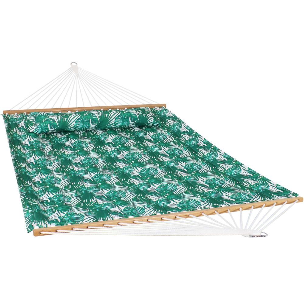 Sunnydaze Decor Quilted Double Hammock & Pillow - Green Palm Leaves - WIM-162 image