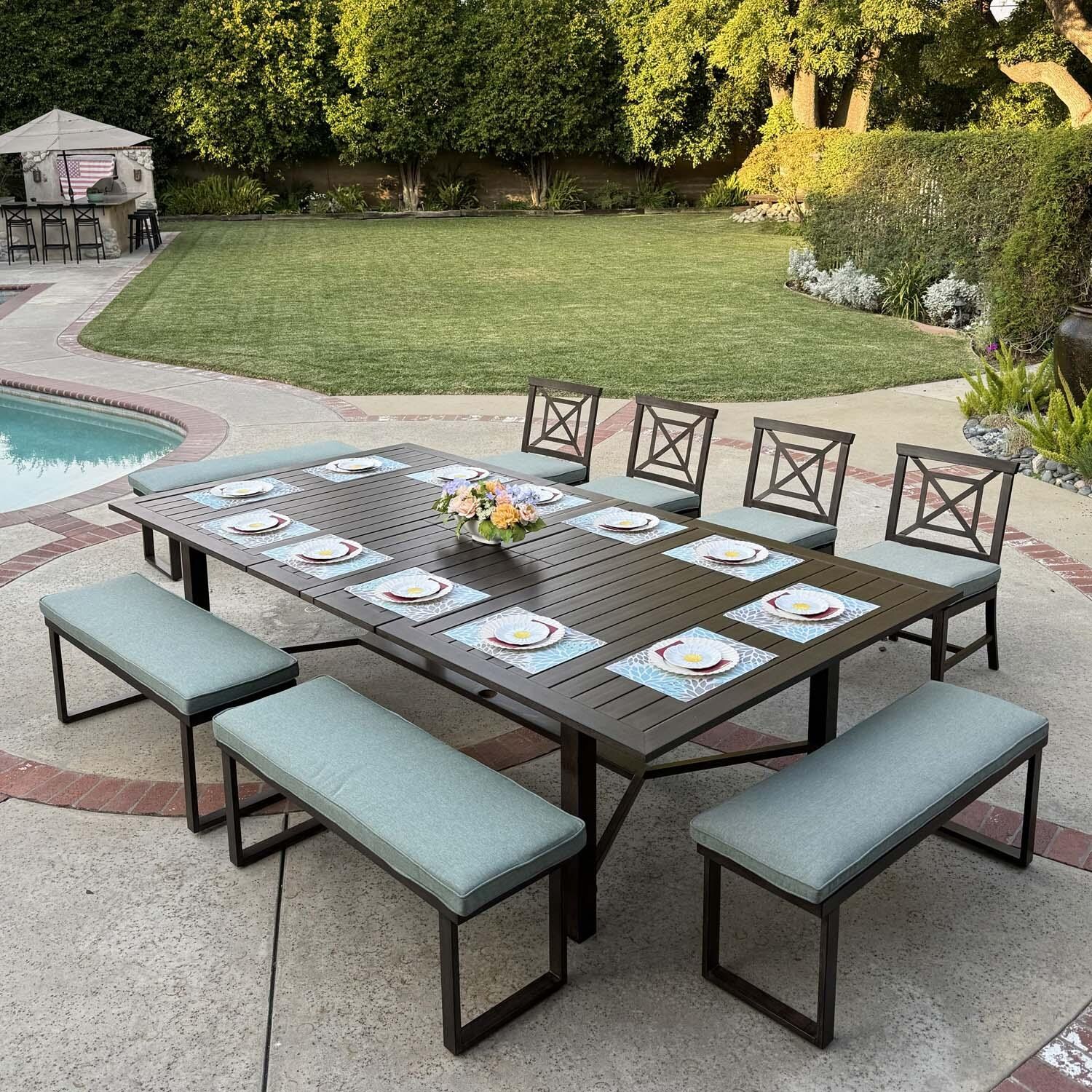 Atlantis 9 Pc Aluminum Dining Set in Walnut/Spa by Darlee - Lifestyle thumbnail