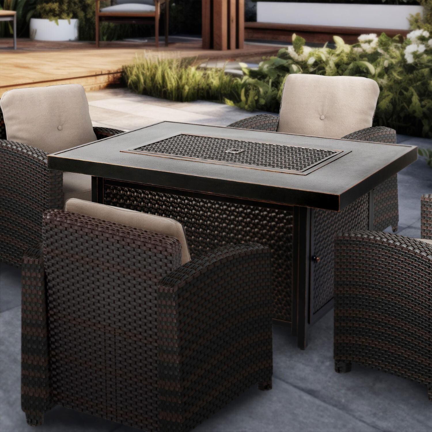 La Flore 5 Pc Resin Wicker Fire Pit Seating Set in Mocha by Ultimate Patio - Set - Lifestyle thumbnail
