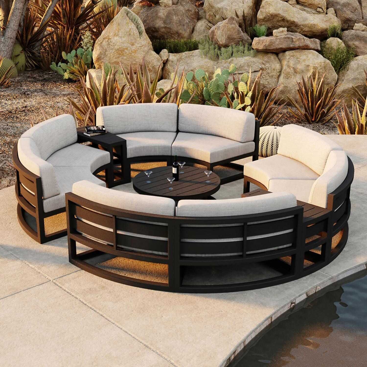 Misty Cove 7 Pc Aluminum Seating Set - Curved Sectional in Black/Cast Silver by Lakeview Outdoor Designs