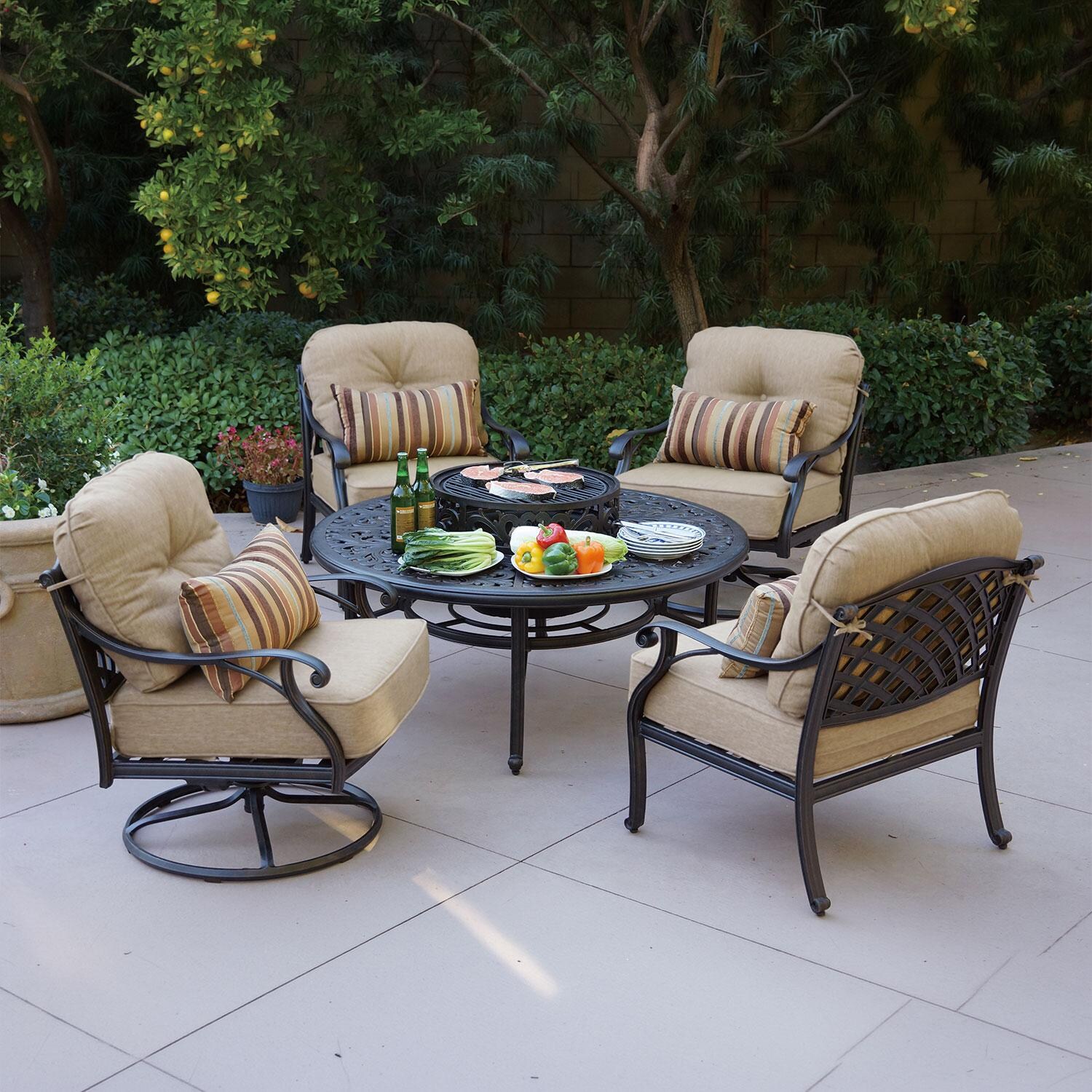 Nassau 5 Pc Cast Aluminum Fire Pit Seating Set w/ 52 Inch Series 80 Table w/ Ice Bucket Insert & 2 Swivel Rockers in Antique Bronze/Sesame by Darlee