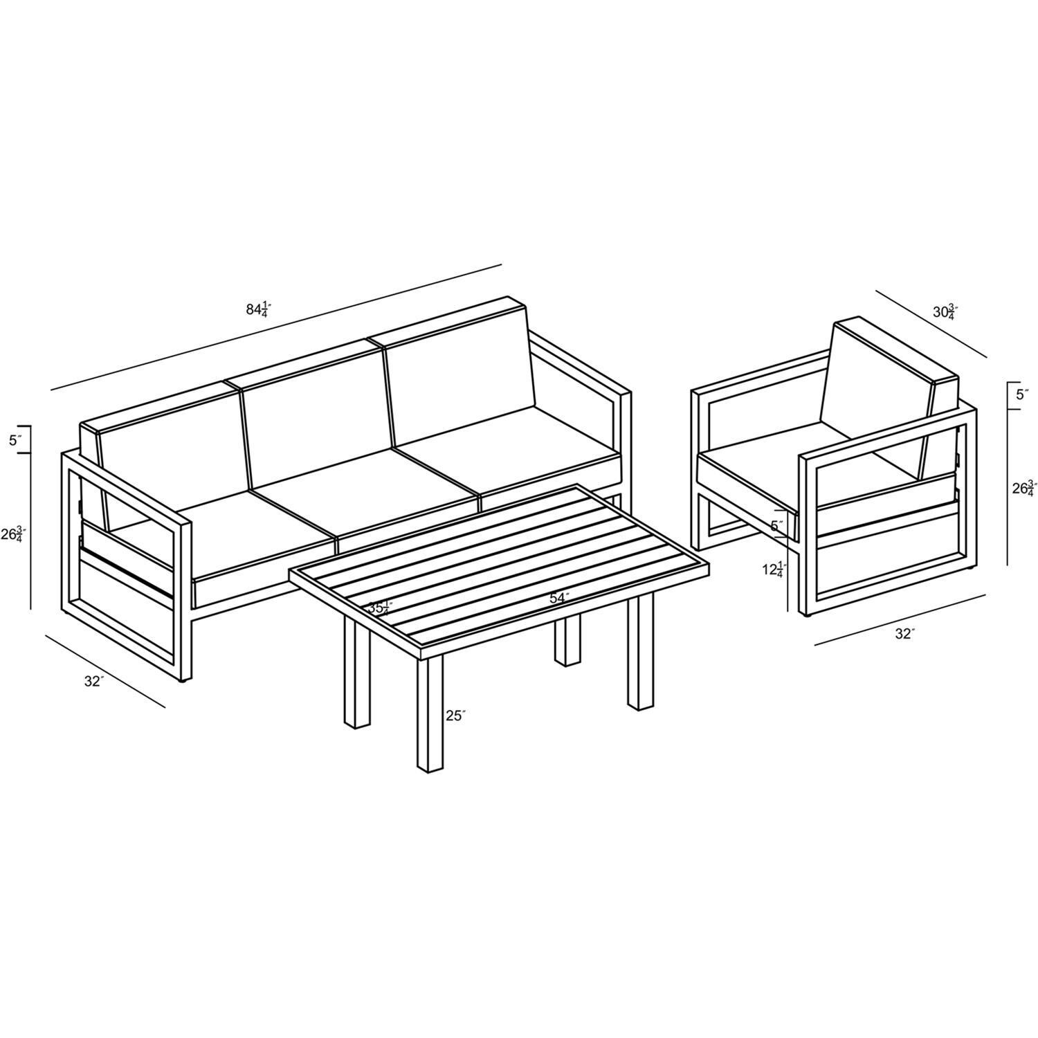 Lakeview MSTYCV-BK-SET138-HB Misty Cove 3 Pc Aluminum Seating Set in Black w/Chat Table & Heather Beige Cushions by Lakeview Outdoor Designs - 3D Dimensions - Dimensional thumbnail
