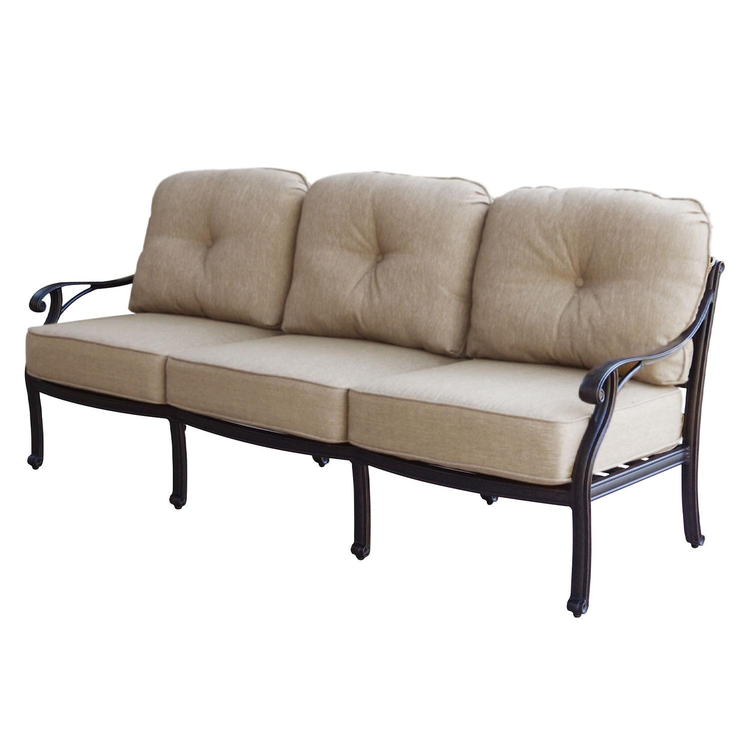 Darlee Nassau 4-Piece Patio Propane Fire Pit Sofa Conversation Set (with 2 Swivel Rocker Club Chairs) with Cushions and 47 Inch Round Fire Pit Chat Table and Fireglass - Sofa - White Background thumbnail