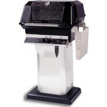 MHP JNR4DD Propane Gas Grill With Stainless Steel Shelves And Stainless Grids On Stainless Patio Base image