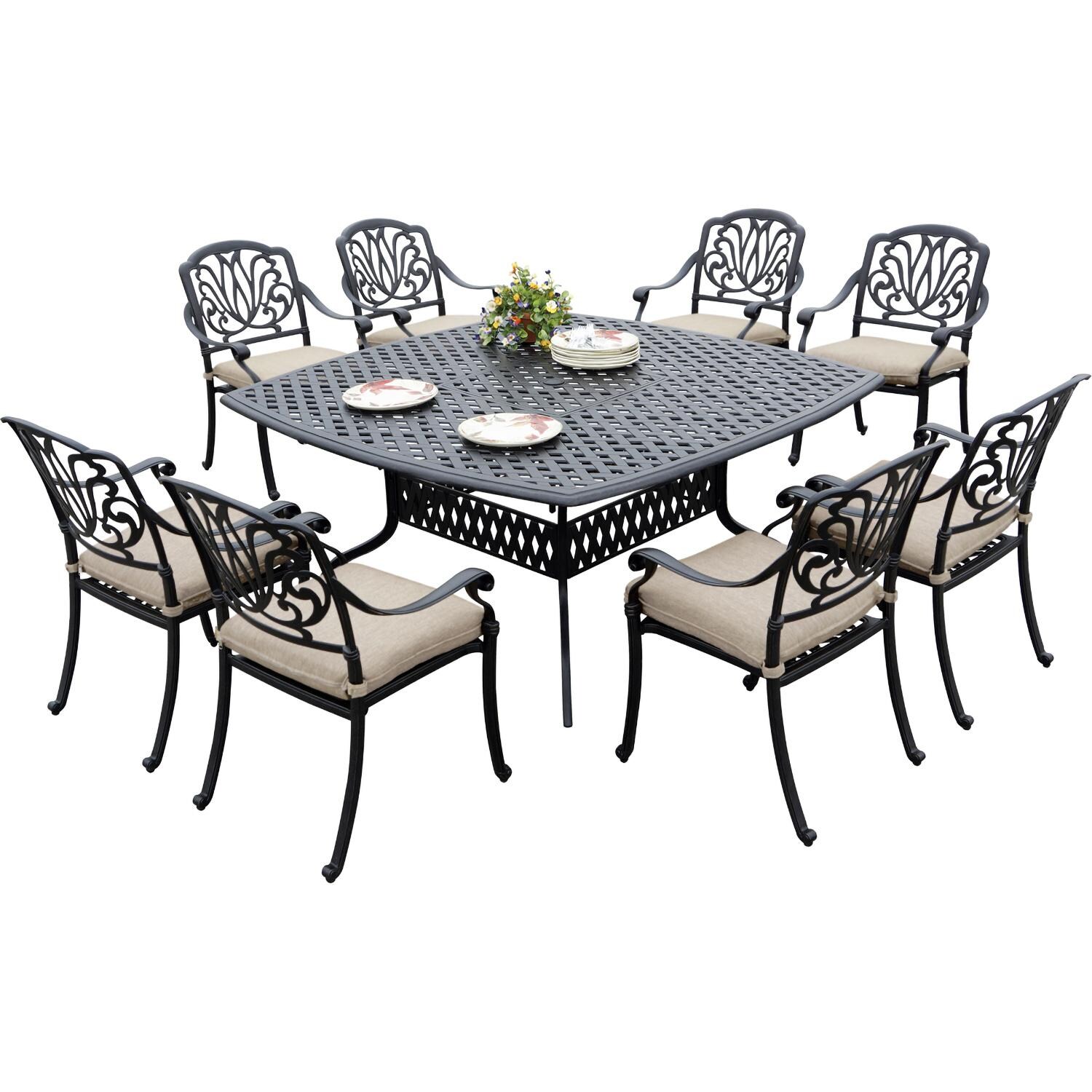 Elisabeth 9 Pc Cast Aluminum Dining Set w/ 64 Inch Series 30 Table in Antique Bronze/Beige by Darlee