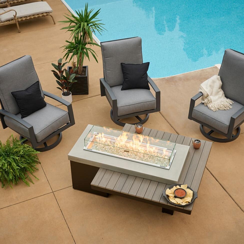 Lakeview Outdoor Designs Emfield 65 Inch Rectangular Aluminum Natural Gas w/ Electronic Ignition Fire Pit Table in Coastal Grey (Ships as Propane w/ Conversion Kit) - Overhead - Lifestyle thumbnail