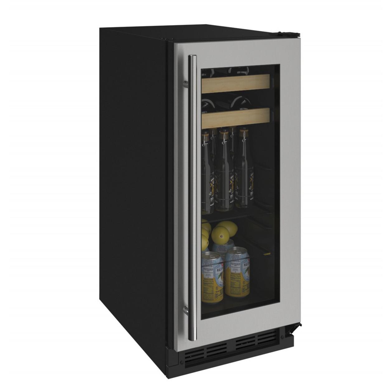 U-Line 1000 Series 15-Inch 3.0 Cu. Ft. Built-In Beverage Center - Stainless Steel - Closed View With Beverages thumbnail