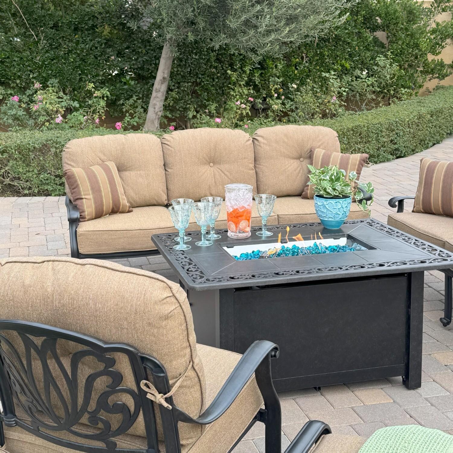 Elisabeth 5 Pc Set Cast Aluminum Seating Set w/ 49 X 35 Inch Fire Pit Table in Sesame/Antique Bronze by Darlee - Close Up - Lifestyle thumbnail