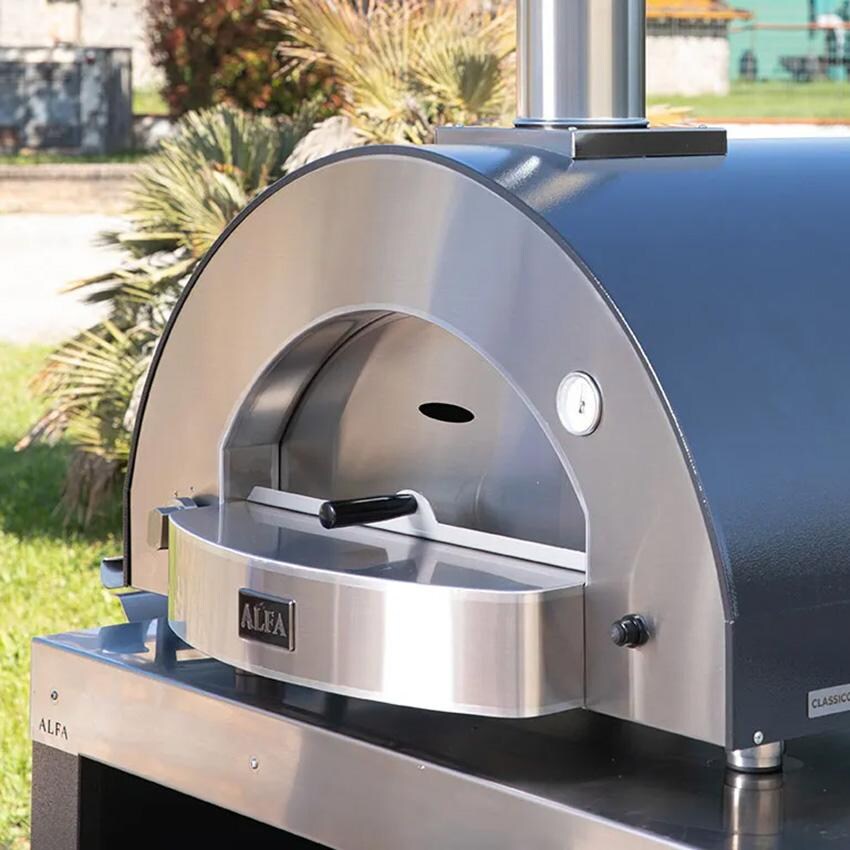 Alfa FXCL-4P-MGRA-U Classico 4 Pizze Natural Gas Pizza Oven - Ardesia Grey - Angled View - Lifestyle thumbnail