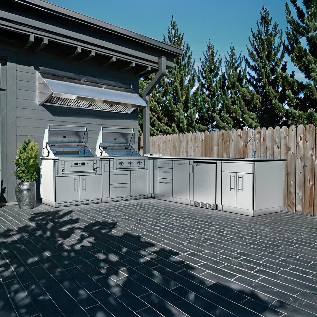 Sunstone Grills SCPTXTANGO19-NG Texas Tango 19 Ft Outdoor Kitchen Island w/ Natural Gas Grill & Side Burner, Sink, Refrigerator, Trash Bin, Door & Drawer - On Patio Grills Together - Lifestyle thumbnail