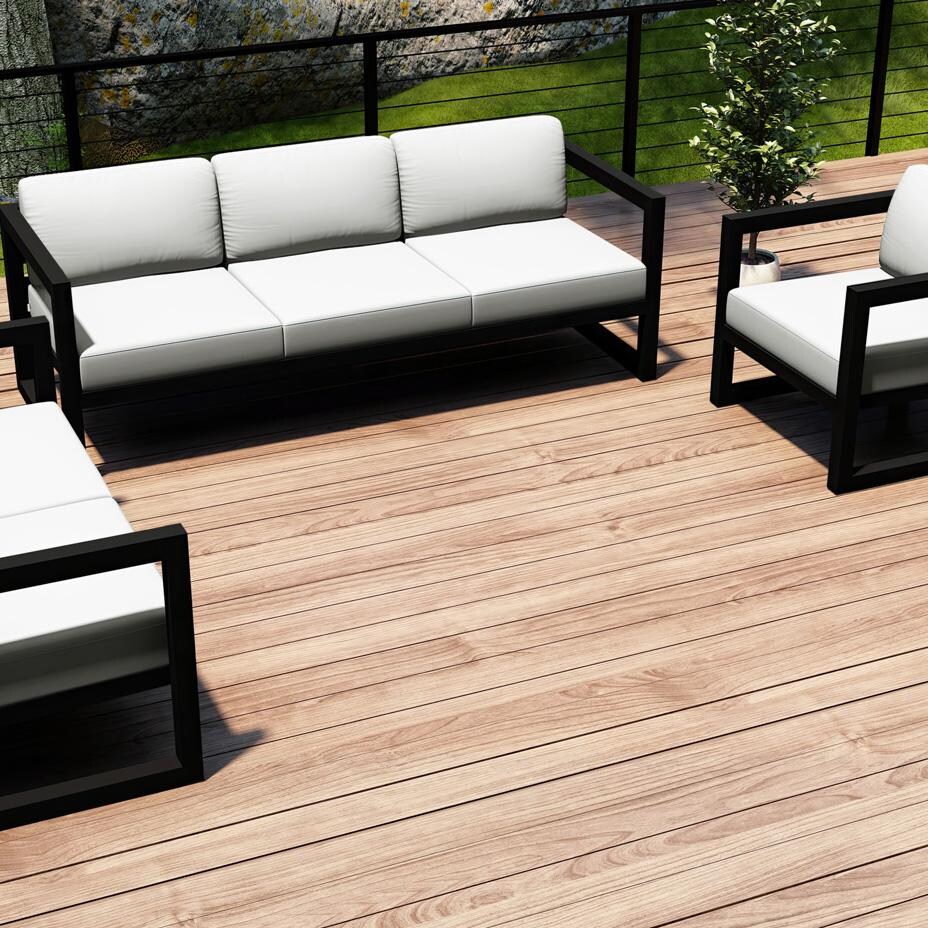 Lakeview MSTYCV-BK-3SLSS-CN Misty Cove 3 Pc Aluminum Seating Set in Black w/Sofa & Canvas Natural Cushions by Lakeview Outdoor Designs - Set on Deck Cropped - Lifestyle thumbnail
