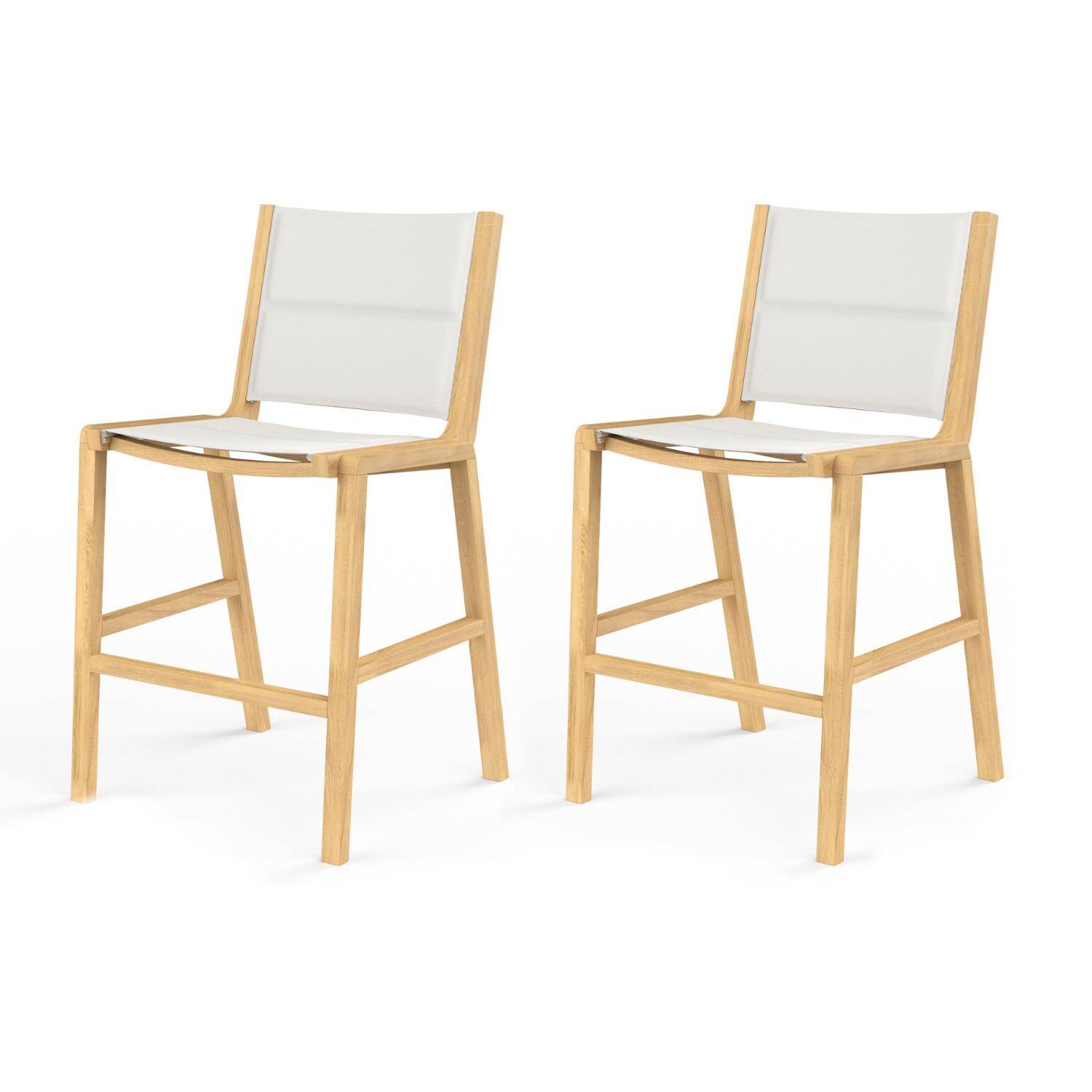 Sunset West Huntington 2 Piece Teak Armless Patio Sling Bar Stool Set W/ Padded Phifertex Frost Slings image
